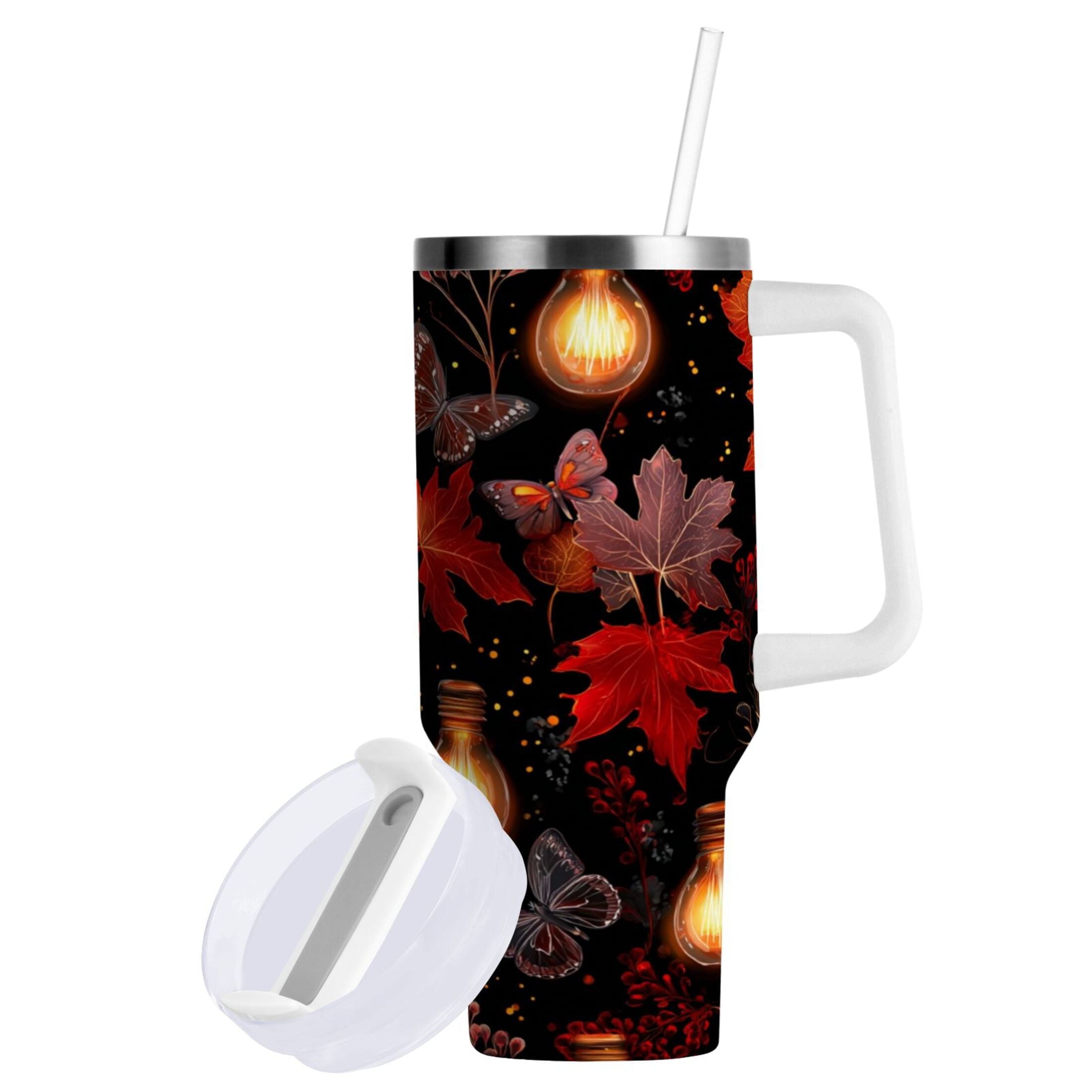 40 oz Insulated Stainless Steel Tumbler Double Wall Stainless Steel Tumbler with 2-Way Drinking Light Bulbs and Maple Leaves - Choice 202