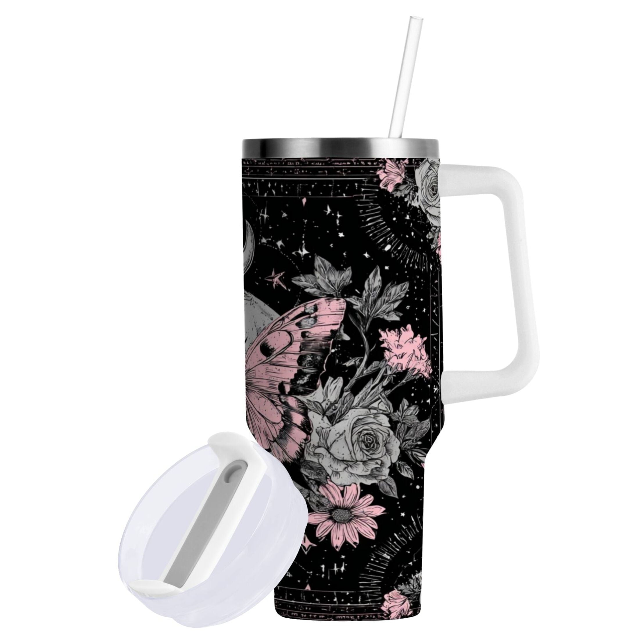 30 oz Insulated Stainless Steel Tumbler Double Wall Stainless Steel Tumbler with 2-Way Drinking Butterfly by Moon and Flowers - Choice 725
