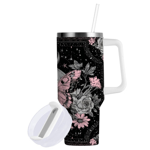 30 oz Insulated Stainless Steel Tumbler Double Wall Stainless Steel Tumbler with 2-Way Drinking Butterfly by Moon and Flowers - Choice 725