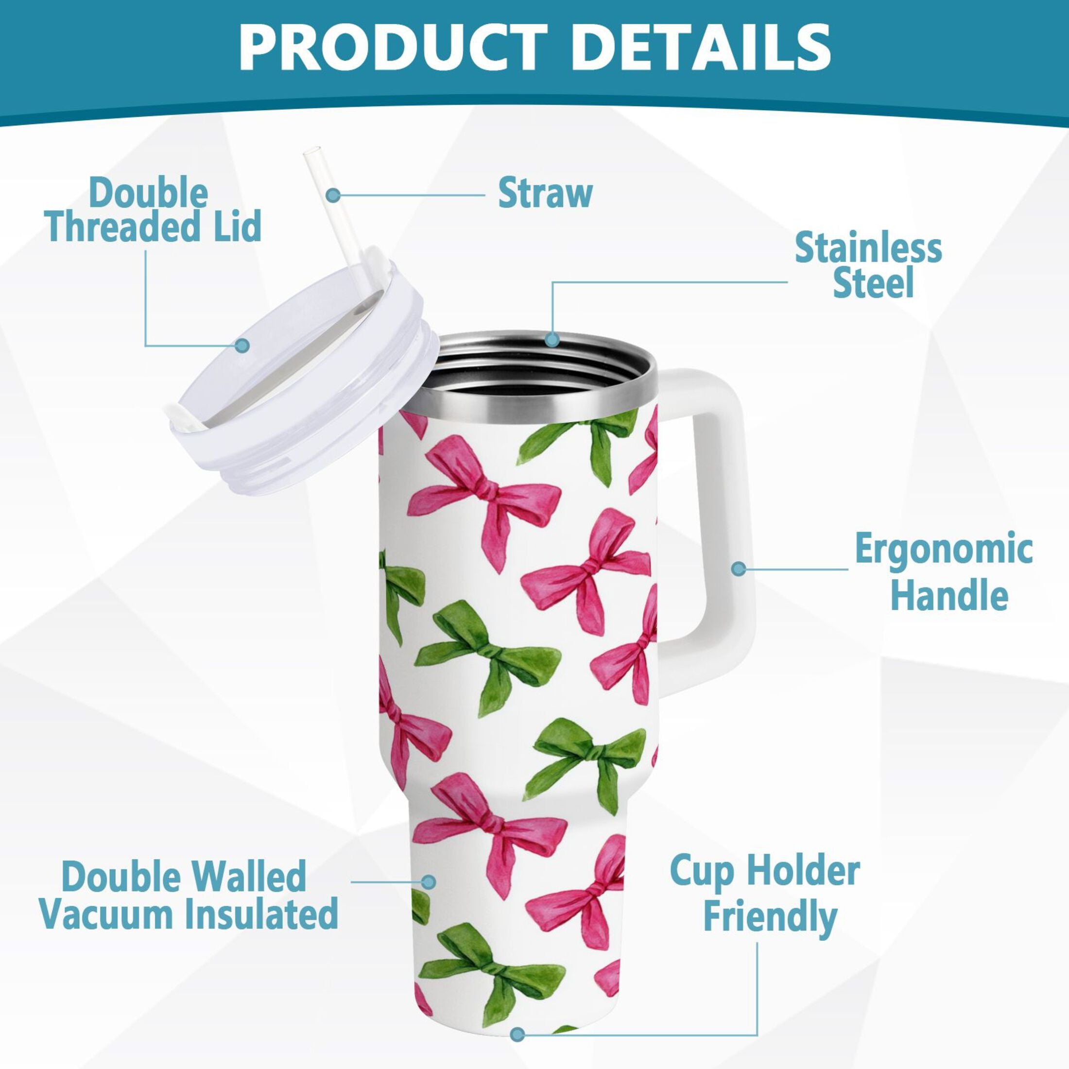 30 oz Insulated Stainless Steel Tumbler Double Wall Stainless Steel Tumbler with 2-Way Drinking Pink Bows and Green Ribbons - Choice 896