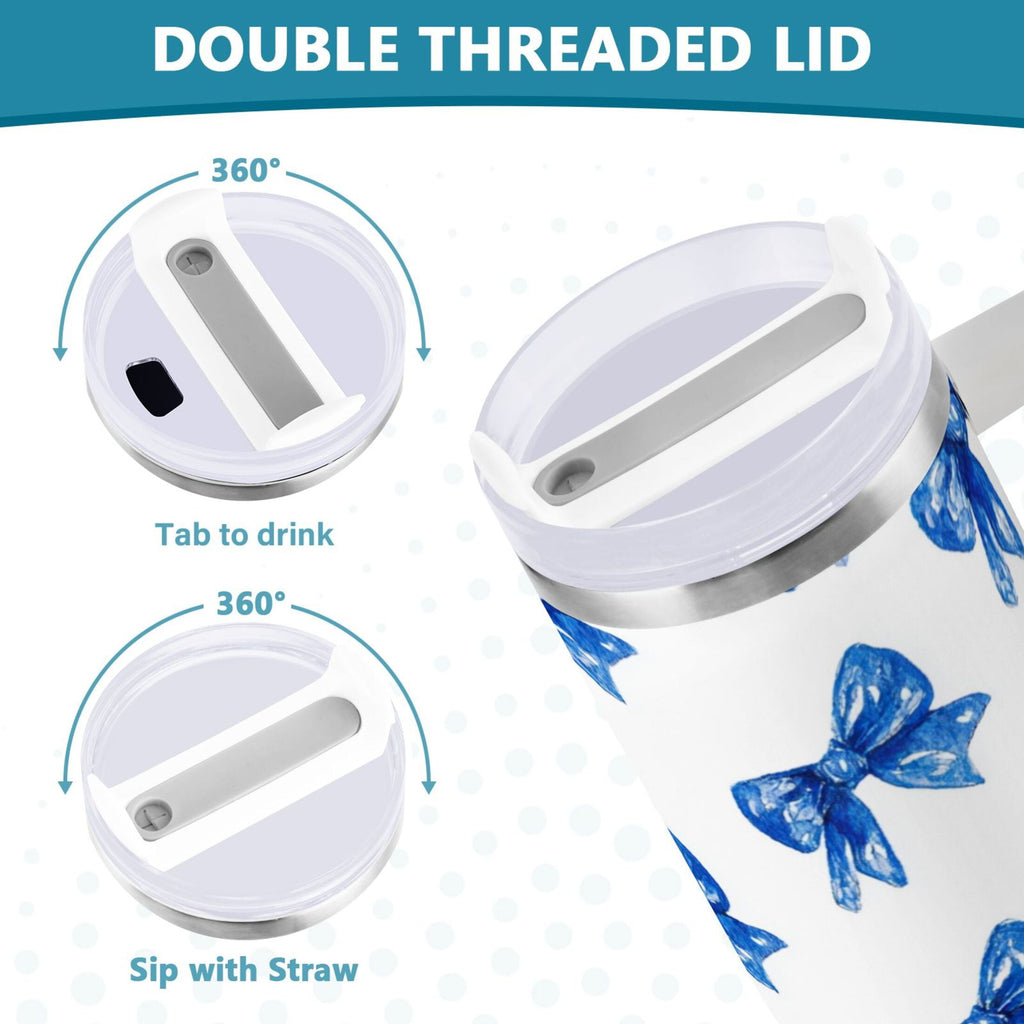 30 oz Insulated Stainless Steel Tumbler Double Wall Stainless Steel Tumbler with 2-Way Drinking Blue Bows Pattern - Choice 555