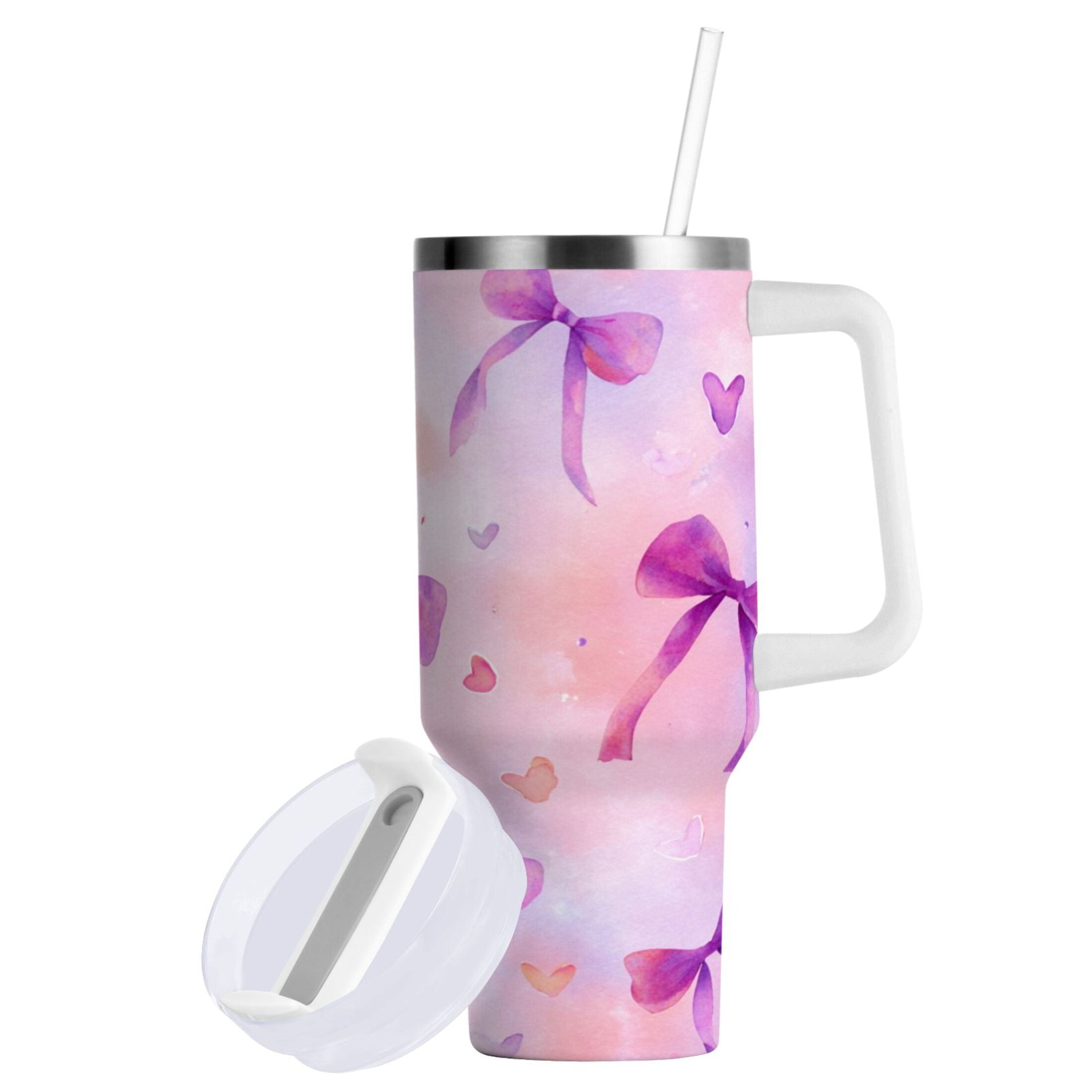 30 oz Insulated Stainless Steel Tumbler Double Wall Stainless Steel Tumbler with 2-Way Drinking Watercolor Purple Bows - Choice 400