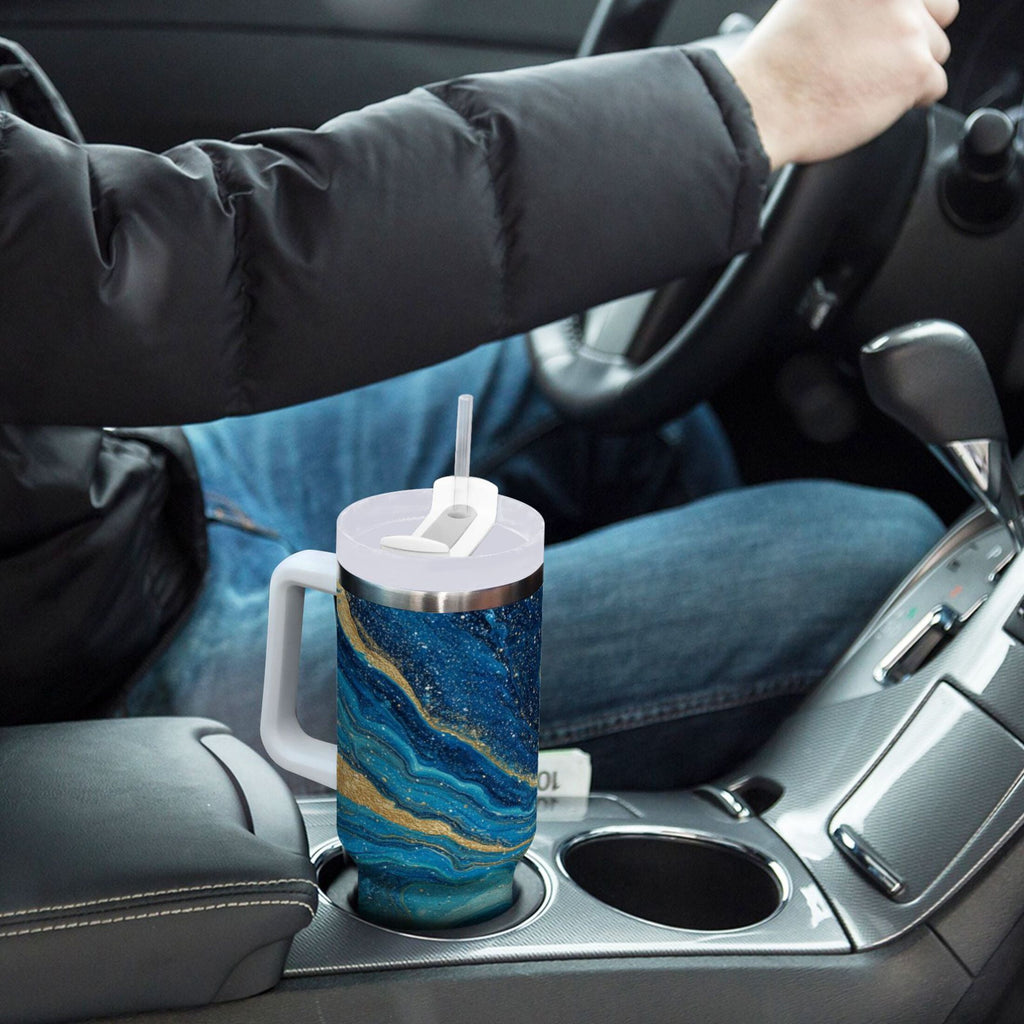 30 oz Insulated Stainless Steel Tumbler Double Wall Stainless Steel Tumbler with 2-Way Drinking Blue and Gold Ocean - Choice 458