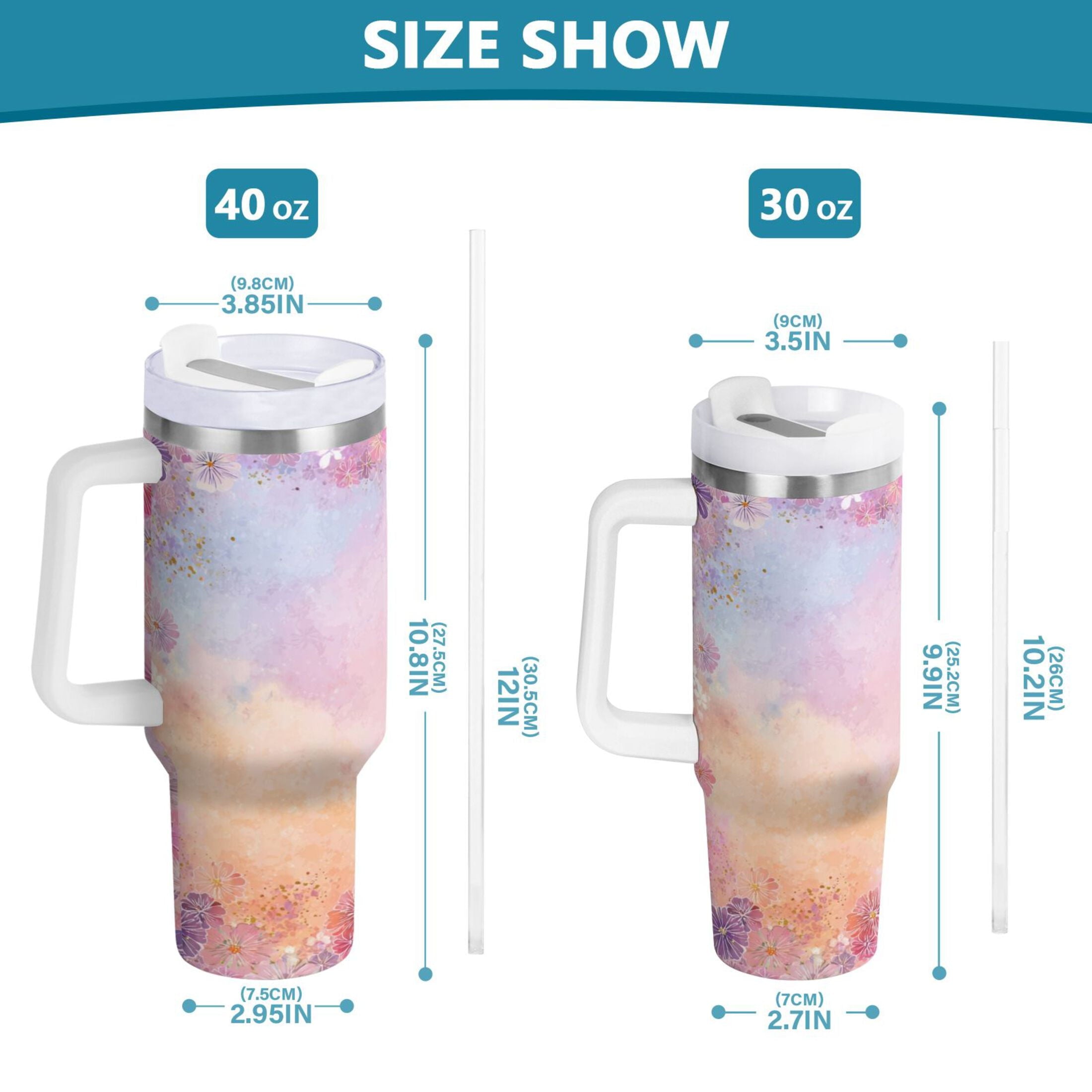 30 oz Insulated Stainless Steel Tumbler Double Wall Stainless Steel Tumbler with 2-Way Drinking Colorful Pastel Floral Pattern - Choice 348