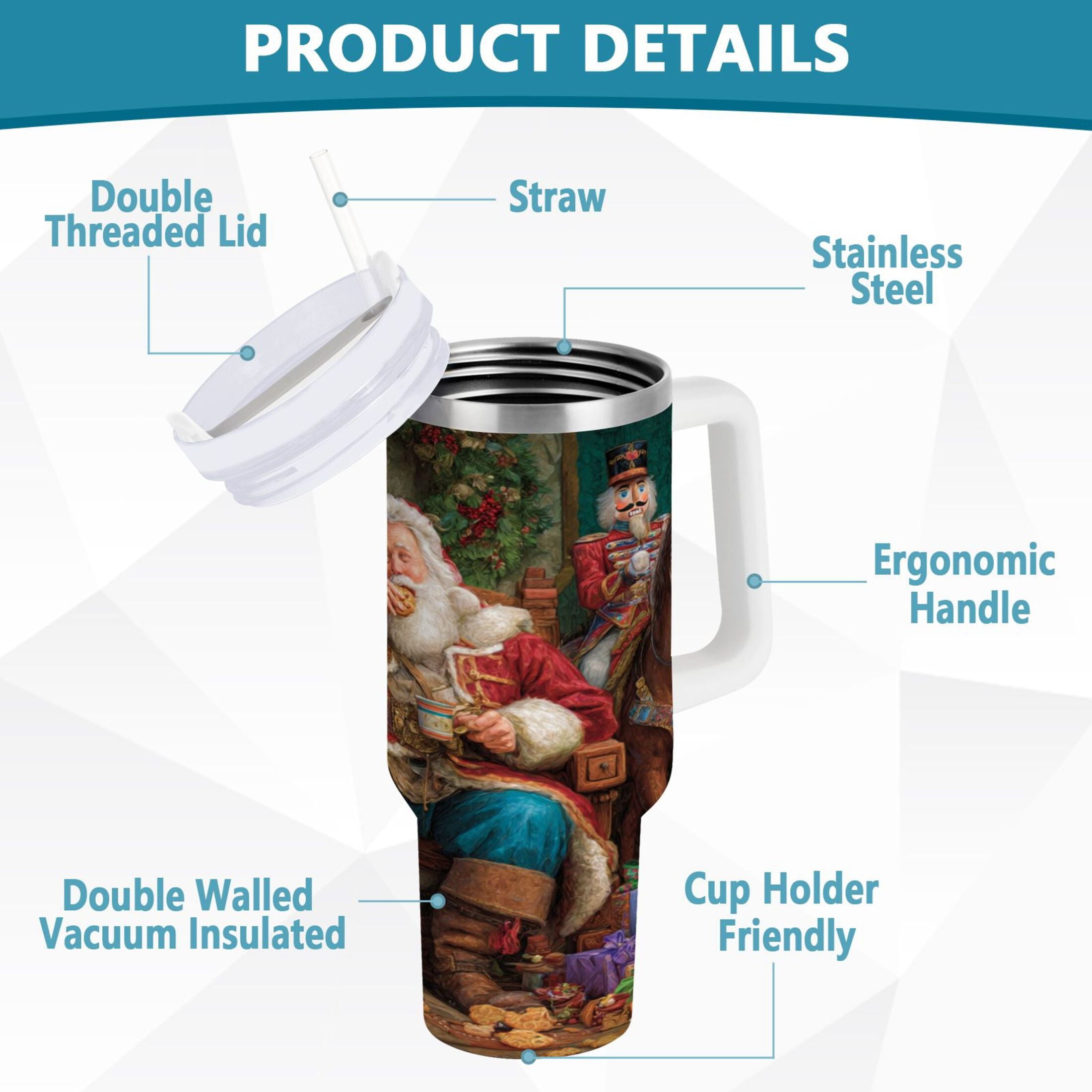 40 oz Insulated Stainless Steel Tumbler Double Wall Stainless Steel Tumbler with 2-Way Drinking Santa Eating Cookies - Choice 777