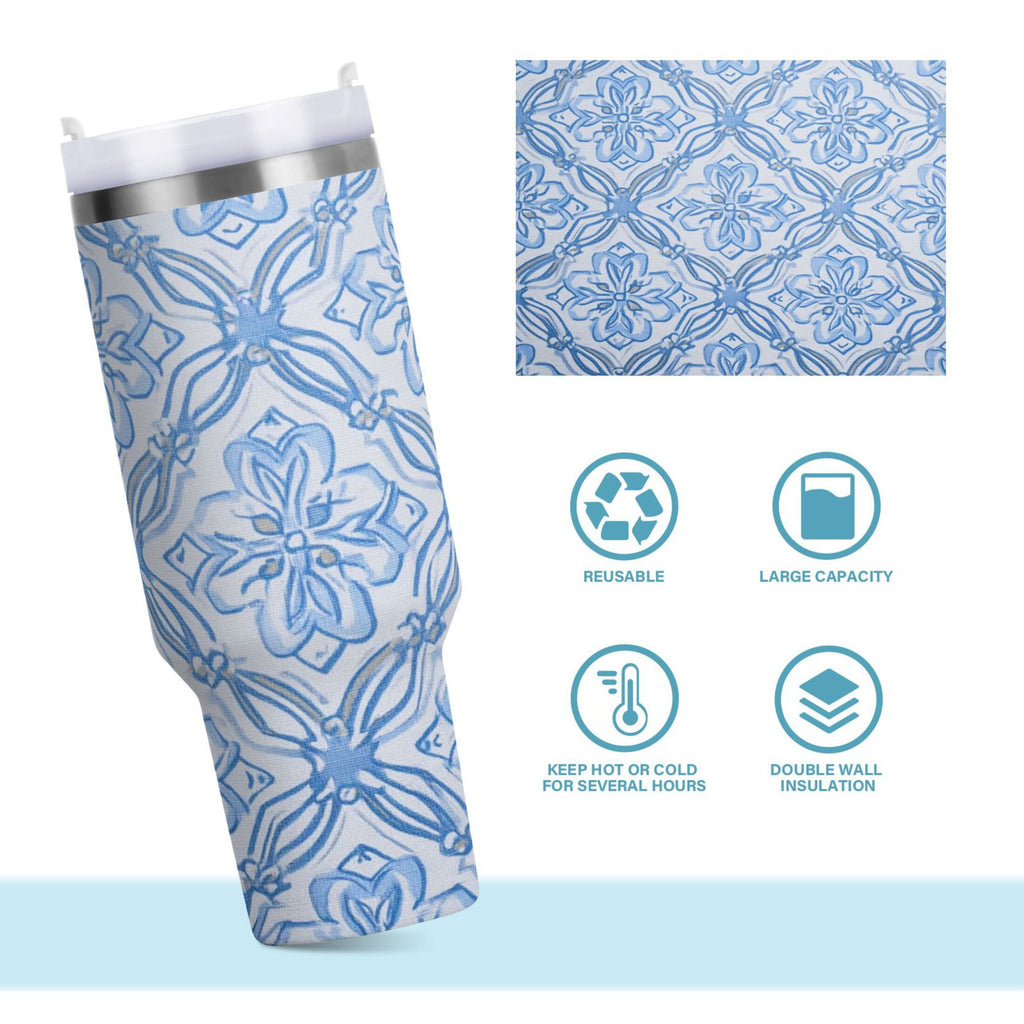 30 oz Insulated Stainless Steel Tumbler Double Wall Stainless Steel Tumbler with 2-Way Drinking Blue Elegant Geometric Design - Choice 477