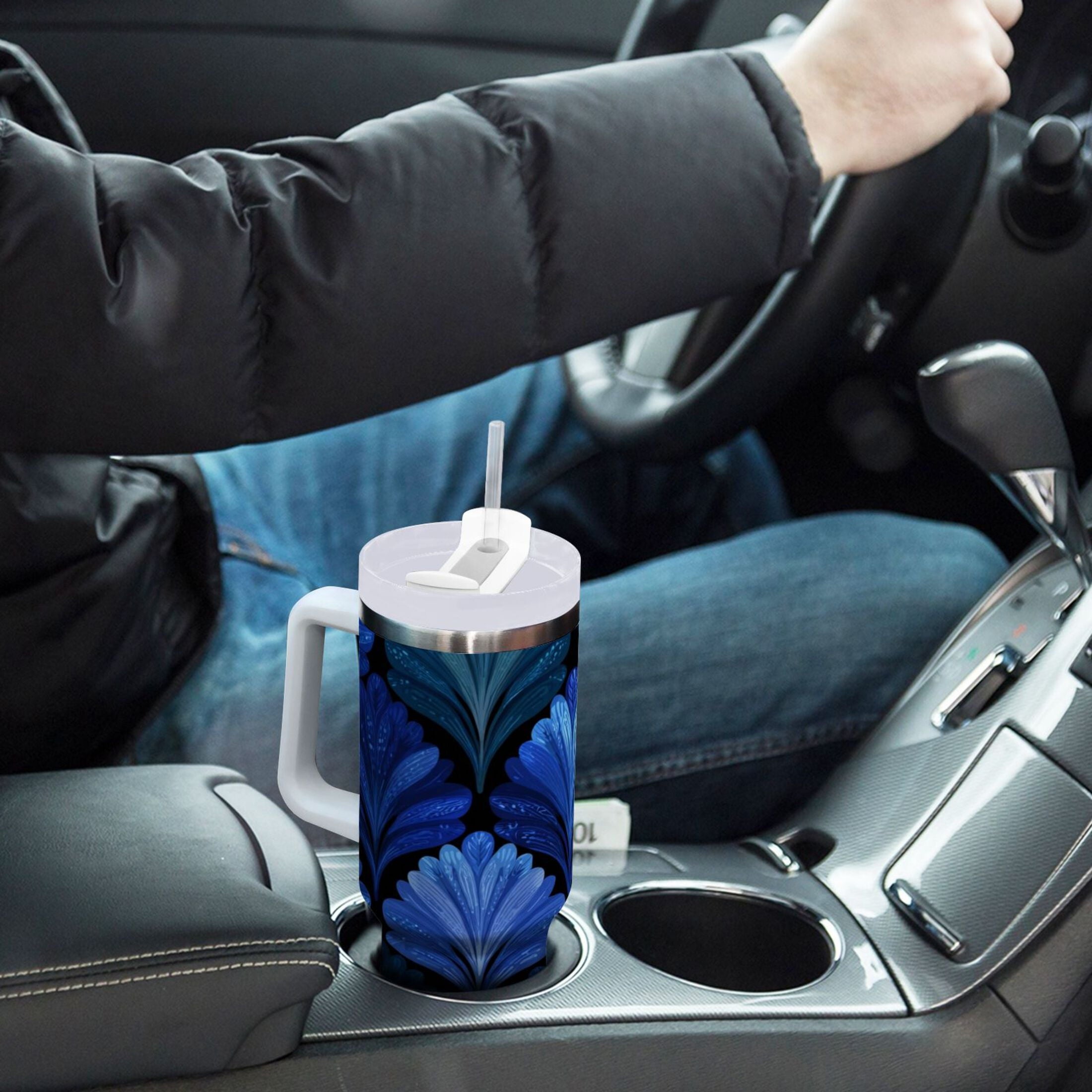 30 oz Insulated Stainless Steel Tumbler Double Wall Stainless Steel Tumbler with 2-Way Drinking Blue Batik Leaves Pattern - Choice 588