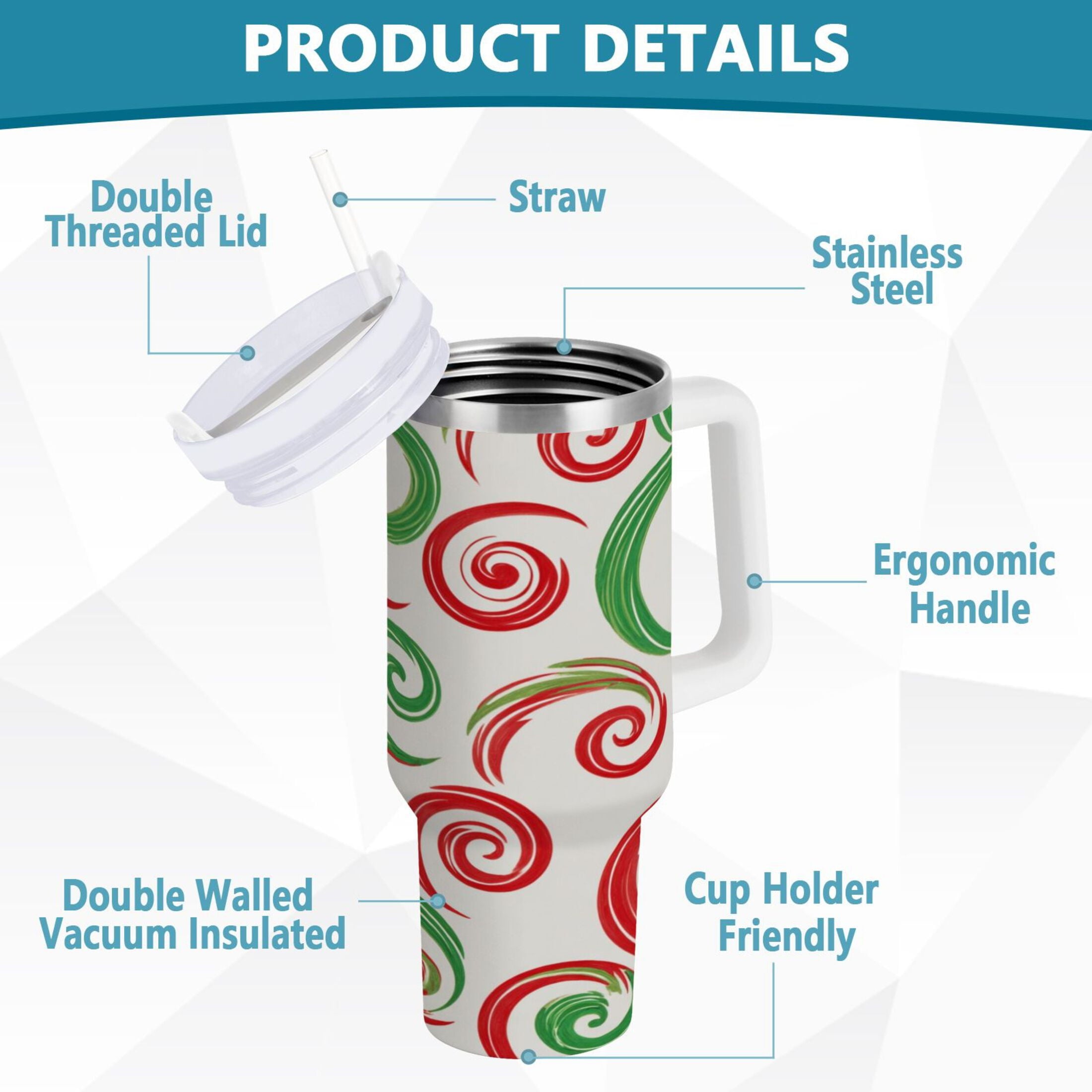 40 oz Insulated Stainless Steel Tumbler Double Wall Stainless Steel Tumbler with 2-Way Drinking Red and Green Swirls - Choice 846