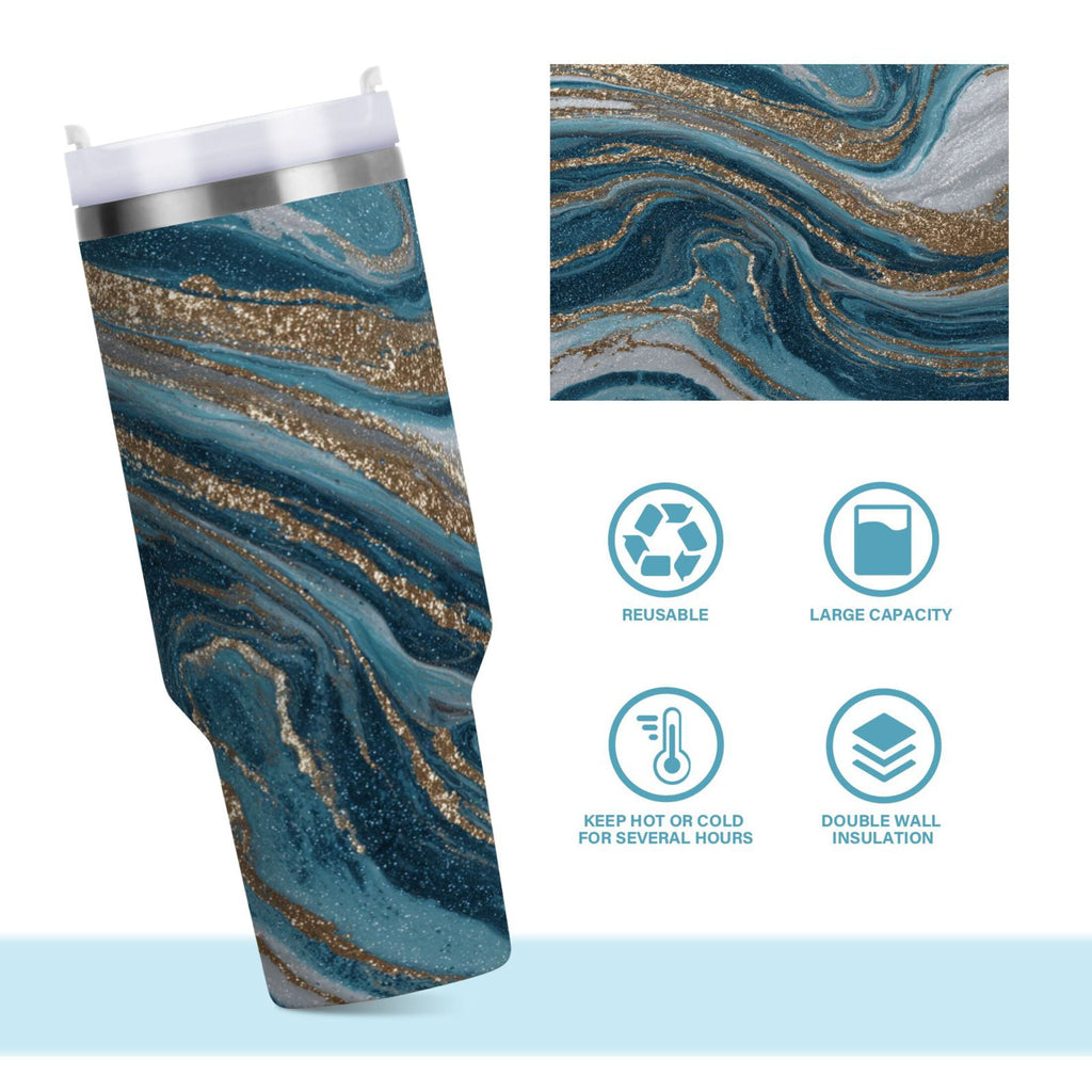 30 oz Insulated Stainless Steel Tumbler Double Wall Stainless Steel Tumbler with 2-Way Drinking Blue and Gold Swirling - Choice 682