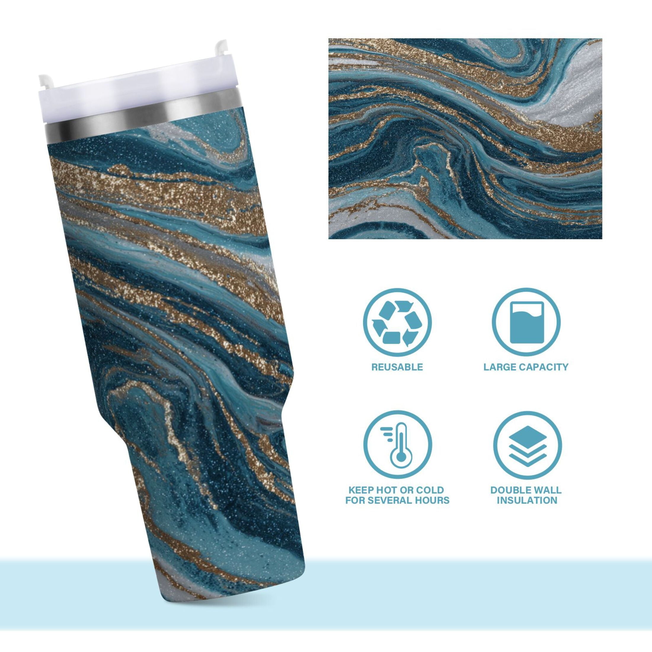 30 oz Insulated Stainless Steel Tumbler Double Wall Stainless Steel Tumbler with 2-Way Drinking Blue and Gold Swirling - Choice 682