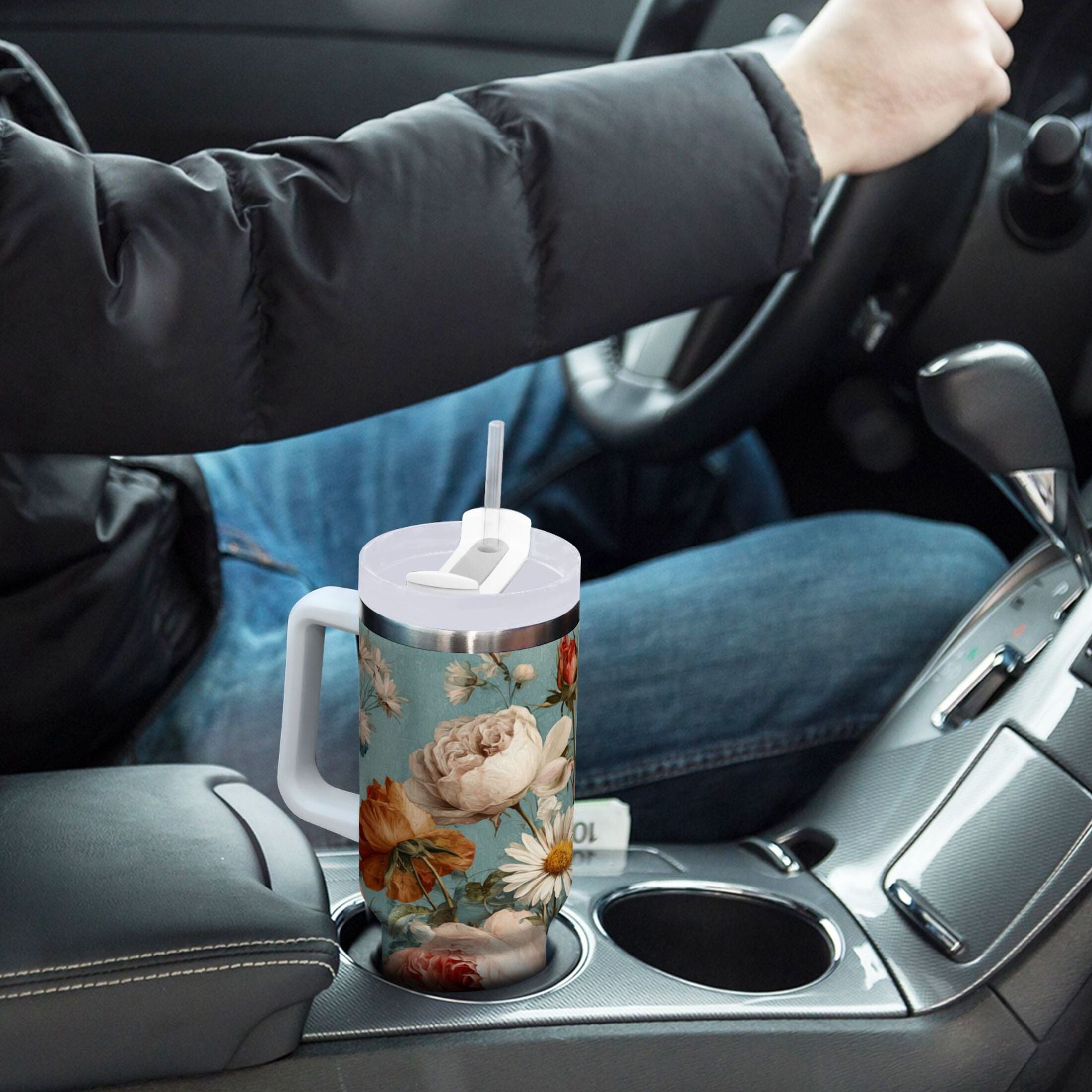 30 oz Insulated Stainless Steel Tumbler Double Wall Stainless Steel Tumbler with 2-Way Drinking Vintage Roses and Peonies - Choice 710
