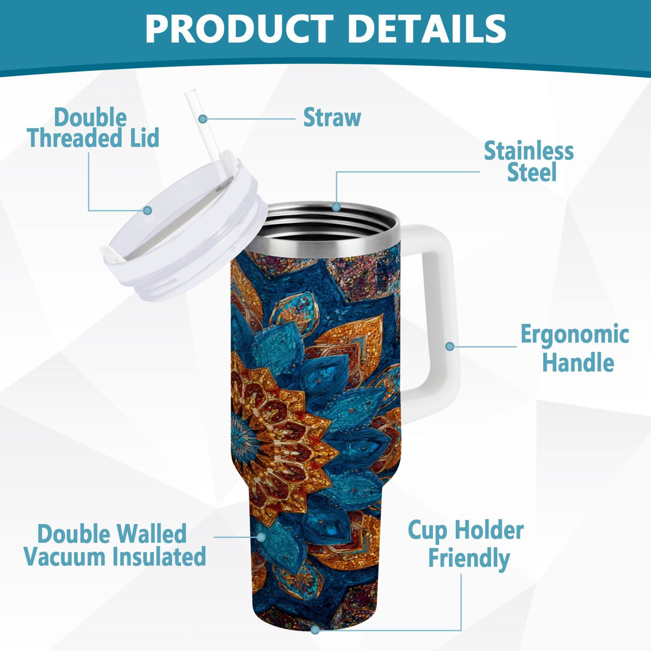 40 oz Insulated Stainless Steel Tumbler Double Wall Stainless Steel Tumbler with 2-Way Drinking Intricate Geometric Shapes - Choice 516