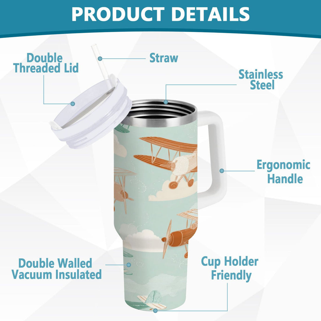 40 oz Insulated Stainless Steel Tumbler Double Wall Stainless Steel Tumbler with 2-Way Drinking Cute Airplanes - Choice 952