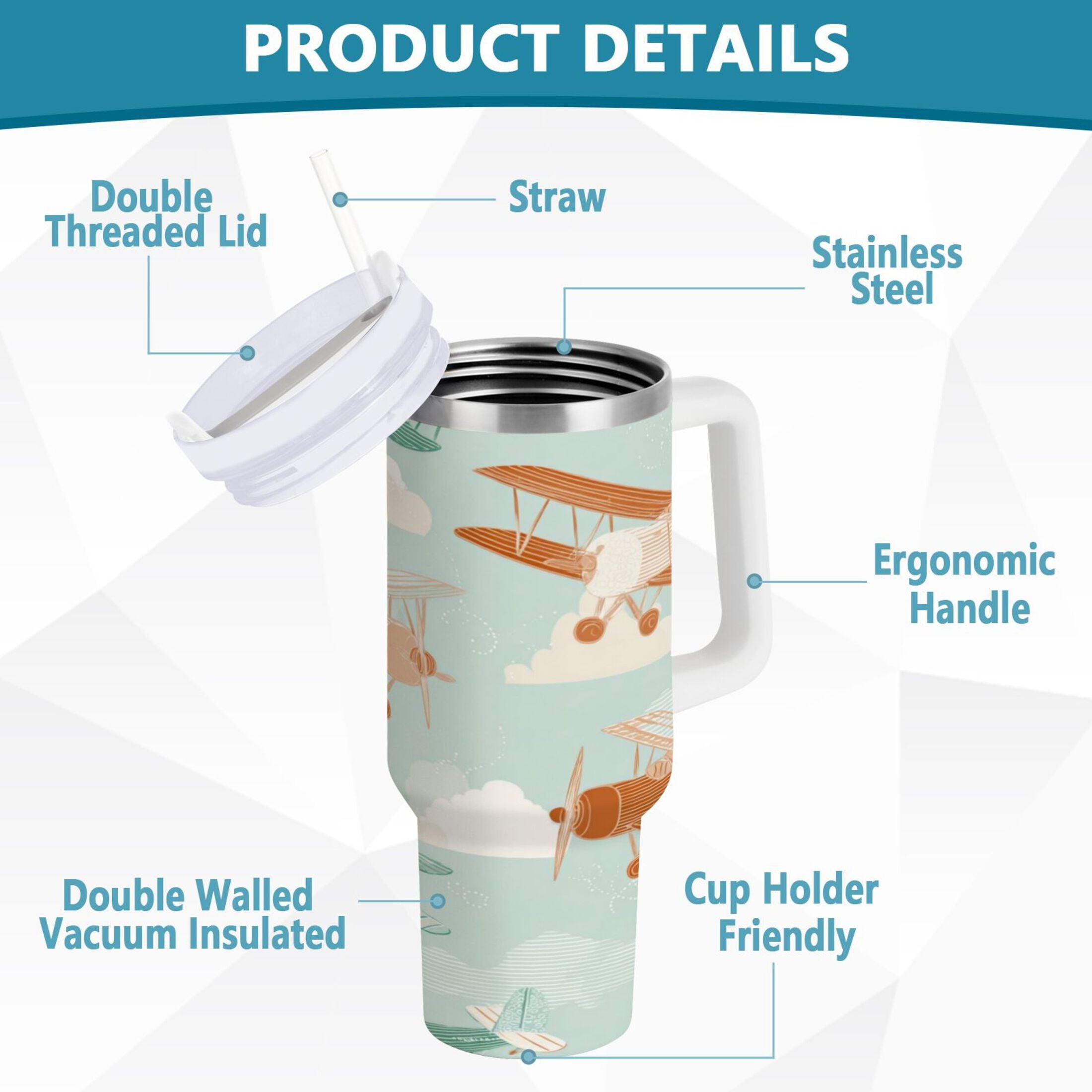 40 oz Insulated Stainless Steel Tumbler Double Wall Stainless Steel Tumbler with 2-Way Drinking Cute Airplanes - Choice 952