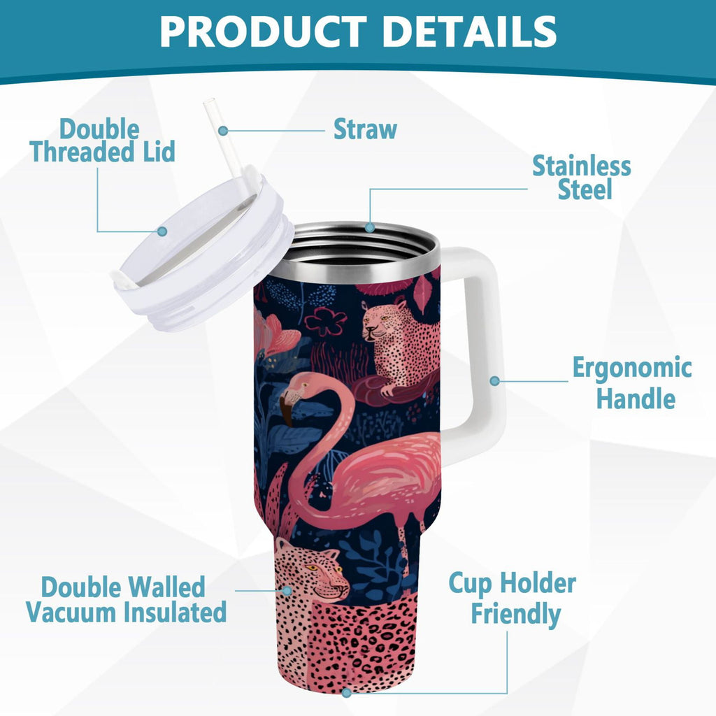 30 oz Insulated Stainless Steel Tumbler Double Wall Stainless Steel Tumbler with 2-Way Drinking Flamingos and Leopard Print - Choice 896