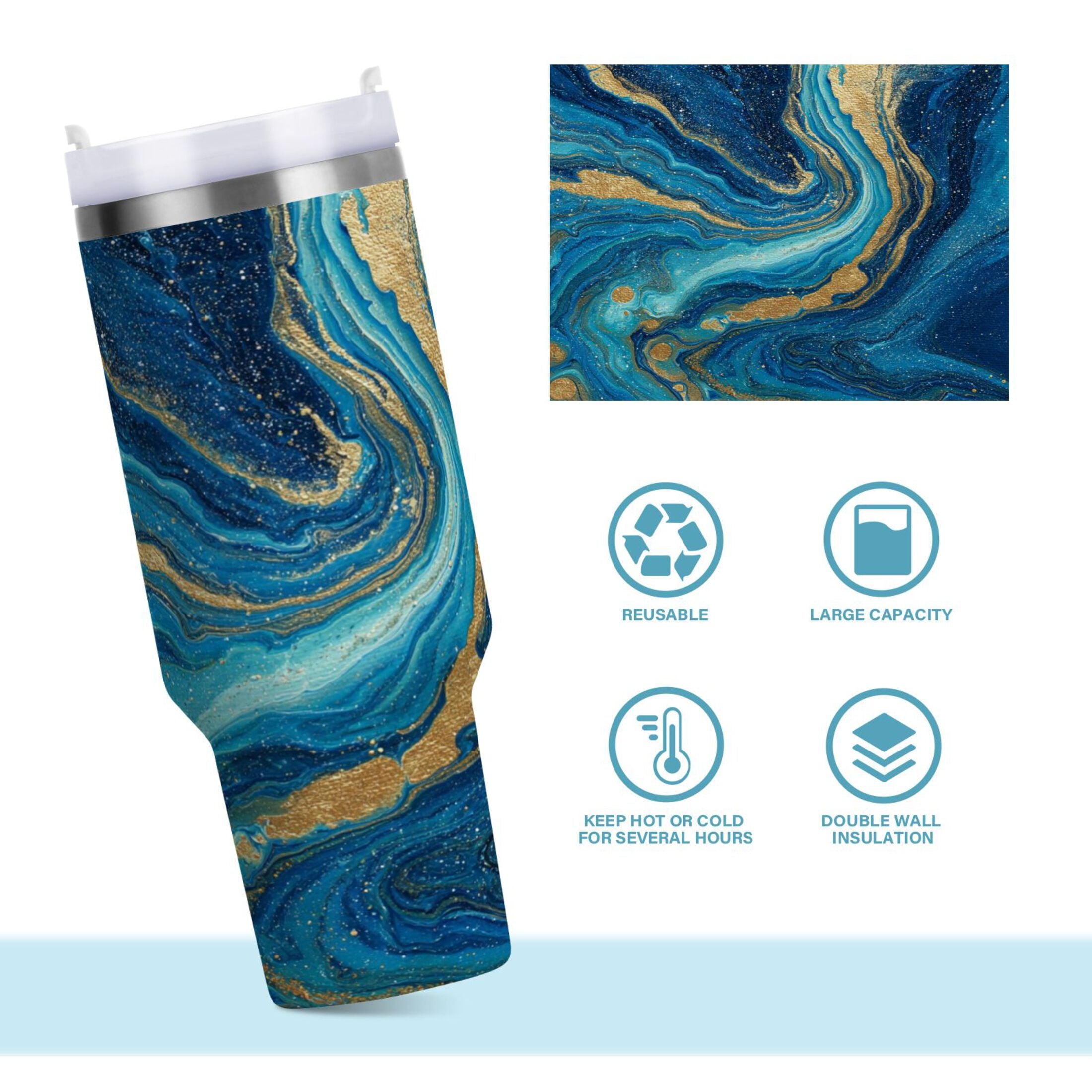 30 oz Insulated Stainless Steel Tumbler Double Wall Stainless Steel Tumbler with 2-Way Drinking Blue and Gold Ocean - Choice 458