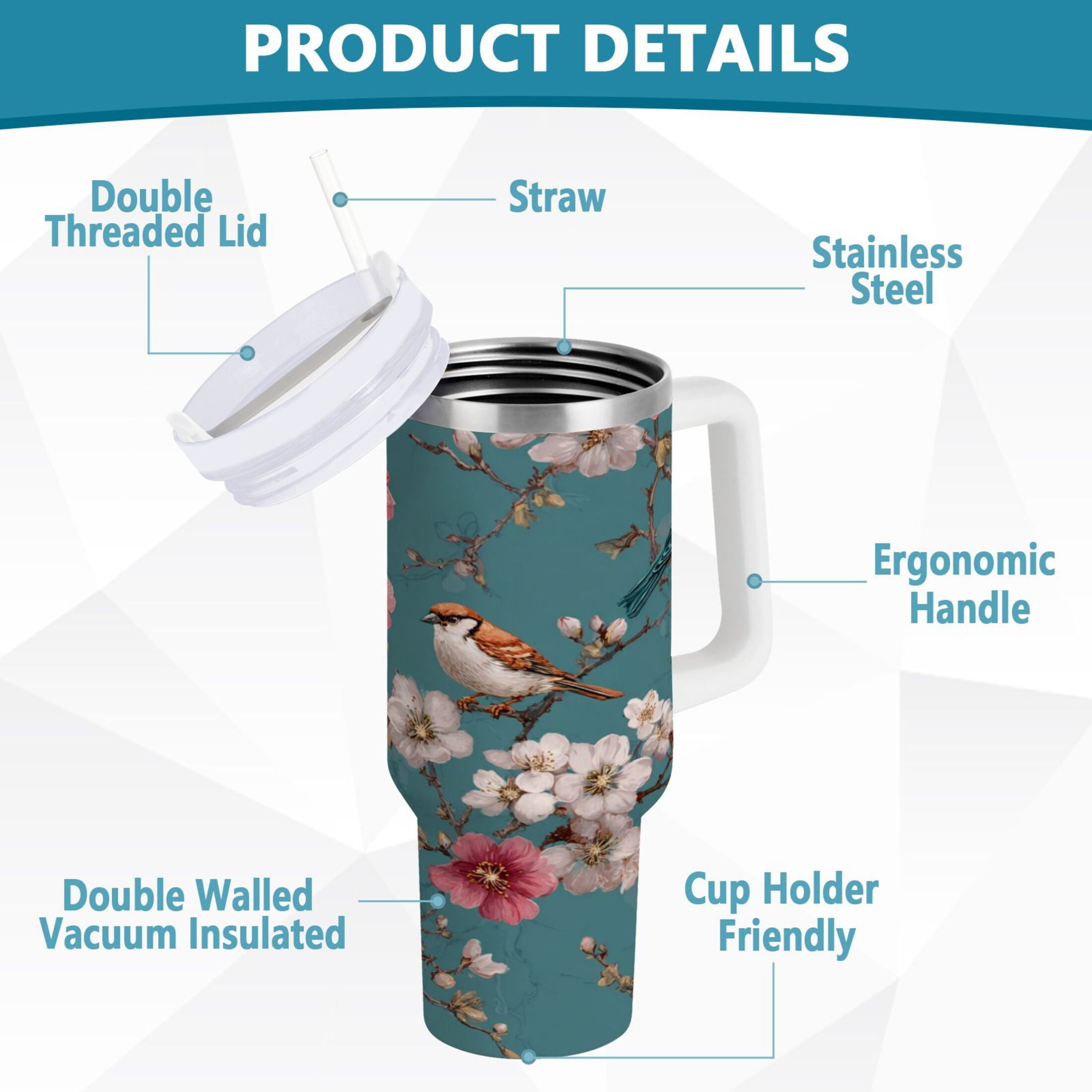 30 oz Insulated Stainless Steel Tumbler Double Wall Stainless Steel Tumbler with 2-Way Drinking Birds and Cherry Pattern - Choice 339