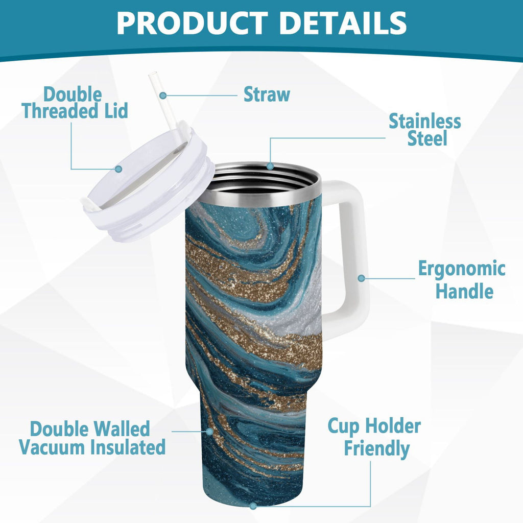 30 oz Insulated Stainless Steel Tumbler Double Wall Stainless Steel Tumbler with 2-Way Drinking Blue and Gold Swirling - Choice 682