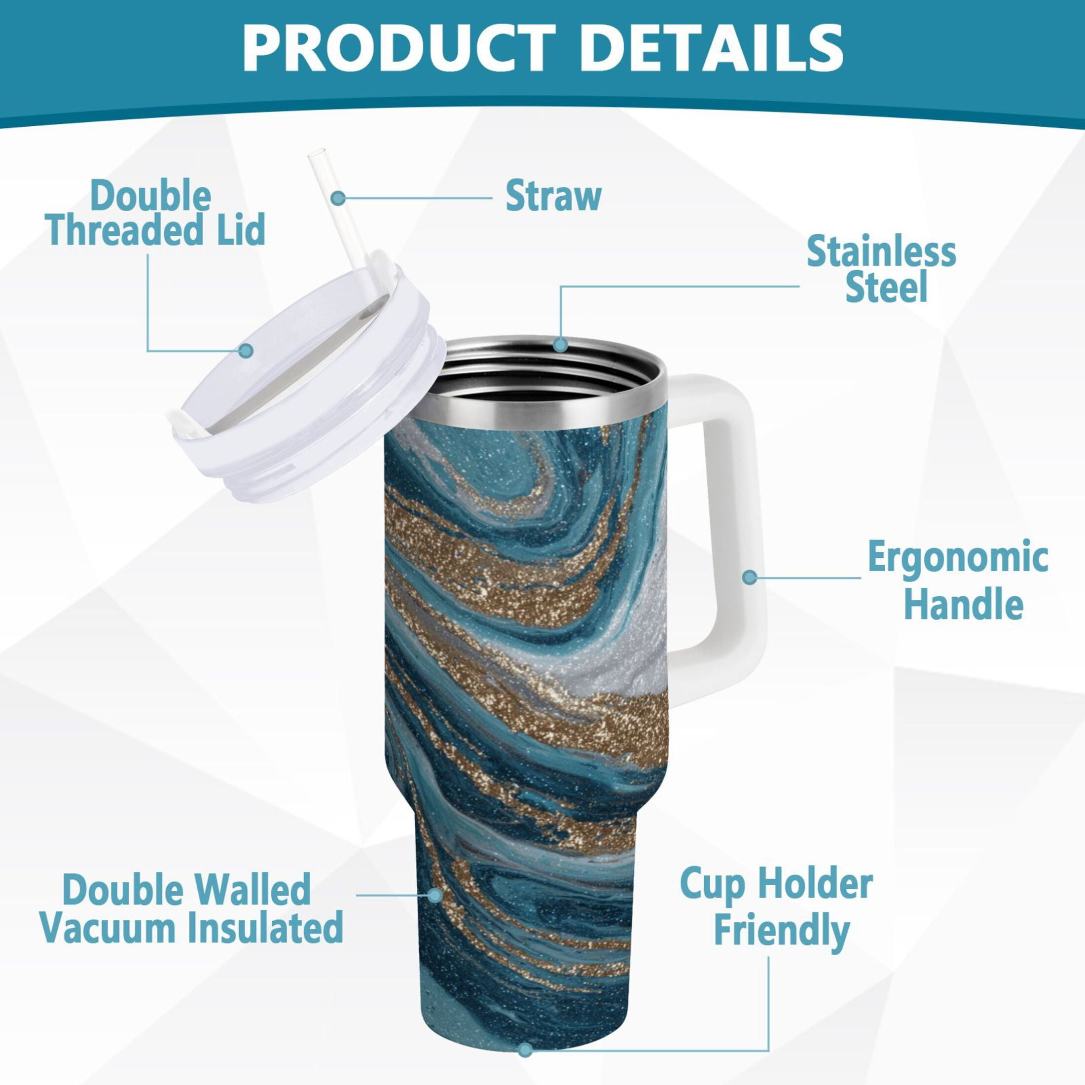 30 oz Insulated Stainless Steel Tumbler Double Wall Stainless Steel Tumbler with 2-Way Drinking Blue and Gold Swirling - Choice 682