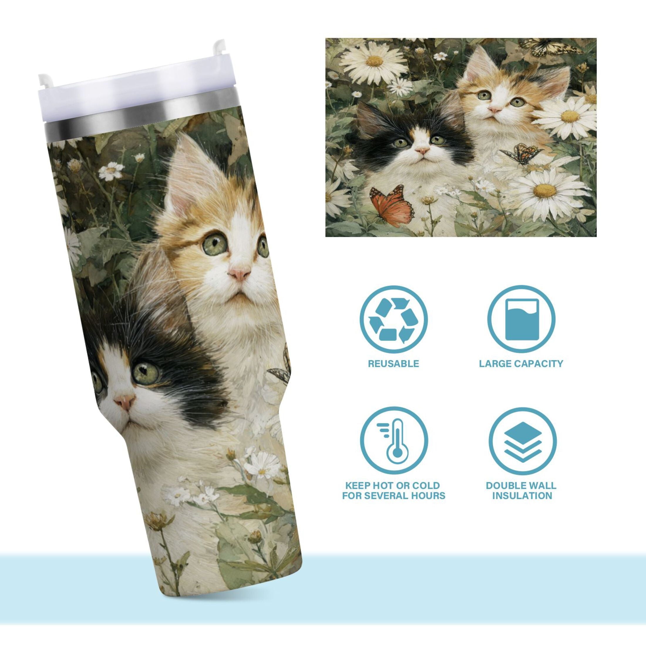 30 oz Insulated Stainless Steel Tumbler Double Wall Stainless Steel Tumbler with 2-Way Drinking Adorable Cats and Daisies - Choice 403
