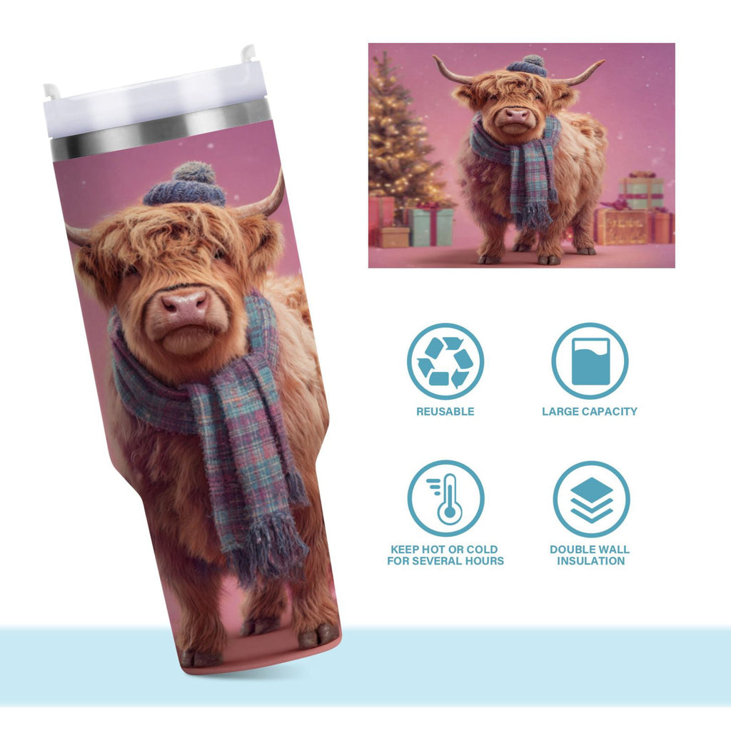 30 oz Insulated Stainless Steel Tumbler Double Wall Stainless Steel Tumbler with 2-Way Drinking Cow Wearing Christmas - Choice 125