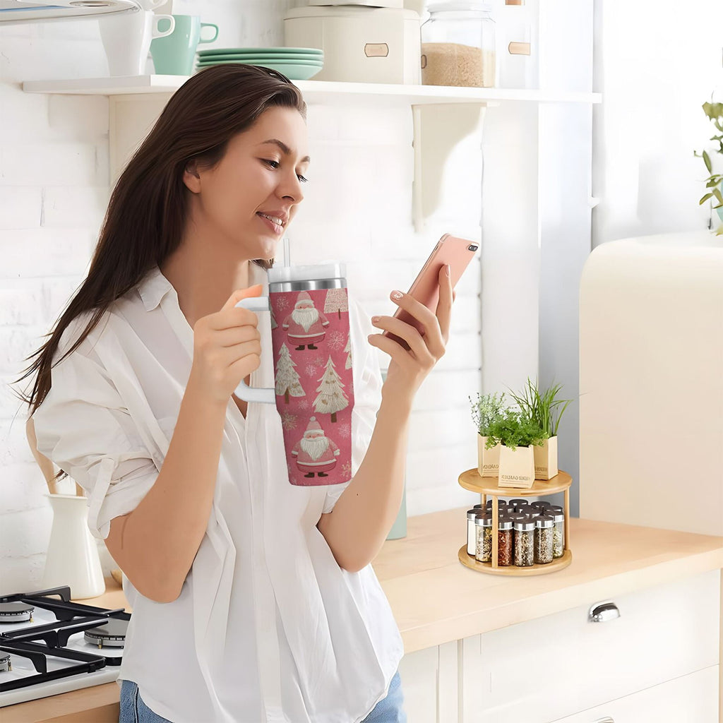 40 oz Insulated Stainless Steel Tumbler Double Wall Stainless Steel Tumbler with 2-Way Drinking Pink Santa Claus Pattern - Choice 245