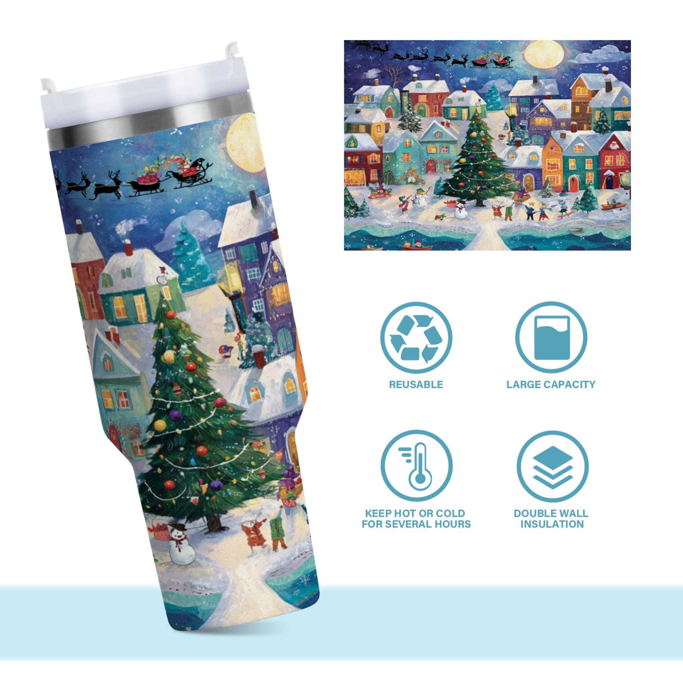 30 oz Insulated Stainless Steel Tumbler Double Wall Stainless Steel Tumbler with 2-Way Drinking Charming Christmas Scene - Choice 824