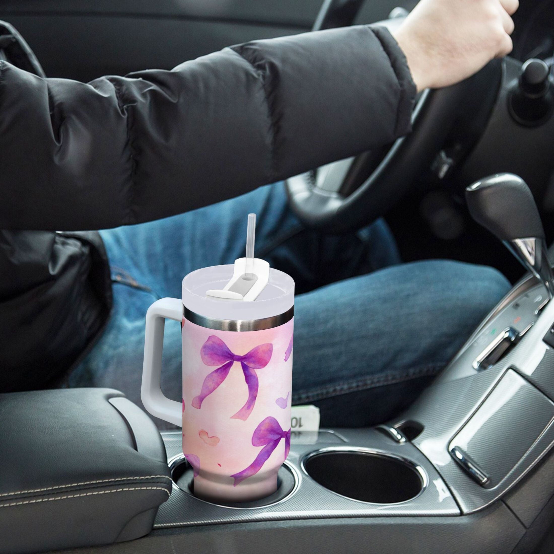 30 oz Insulated Stainless Steel Tumbler Double Wall Stainless Steel Tumbler with 2-Way Drinking Watercolor Purple Bows - Choice 400