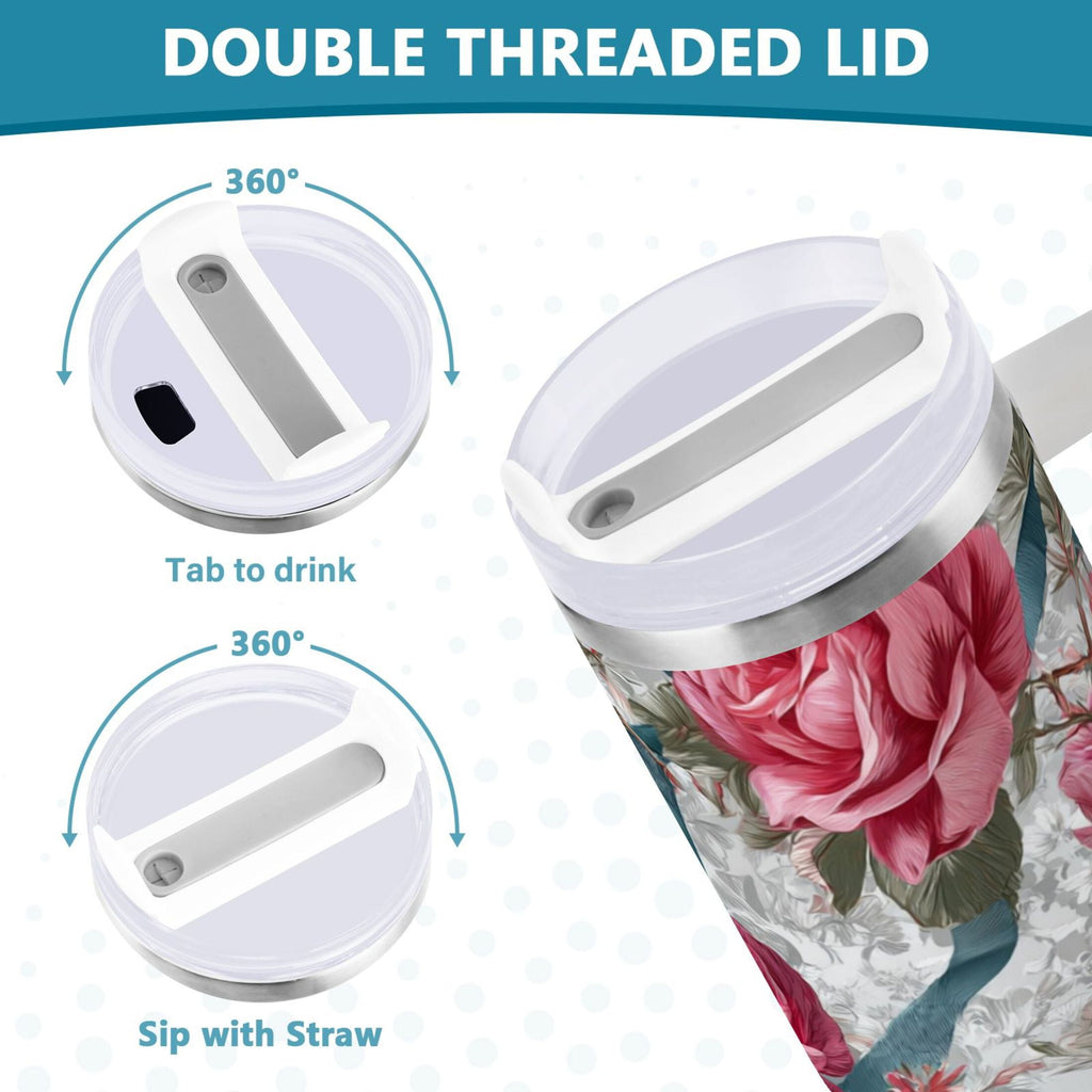 30 oz Insulated Stainless Steel Tumbler Double Wall Stainless Steel Tumbler with 2-Way Drinking Roses and Ribbons - Choice 776