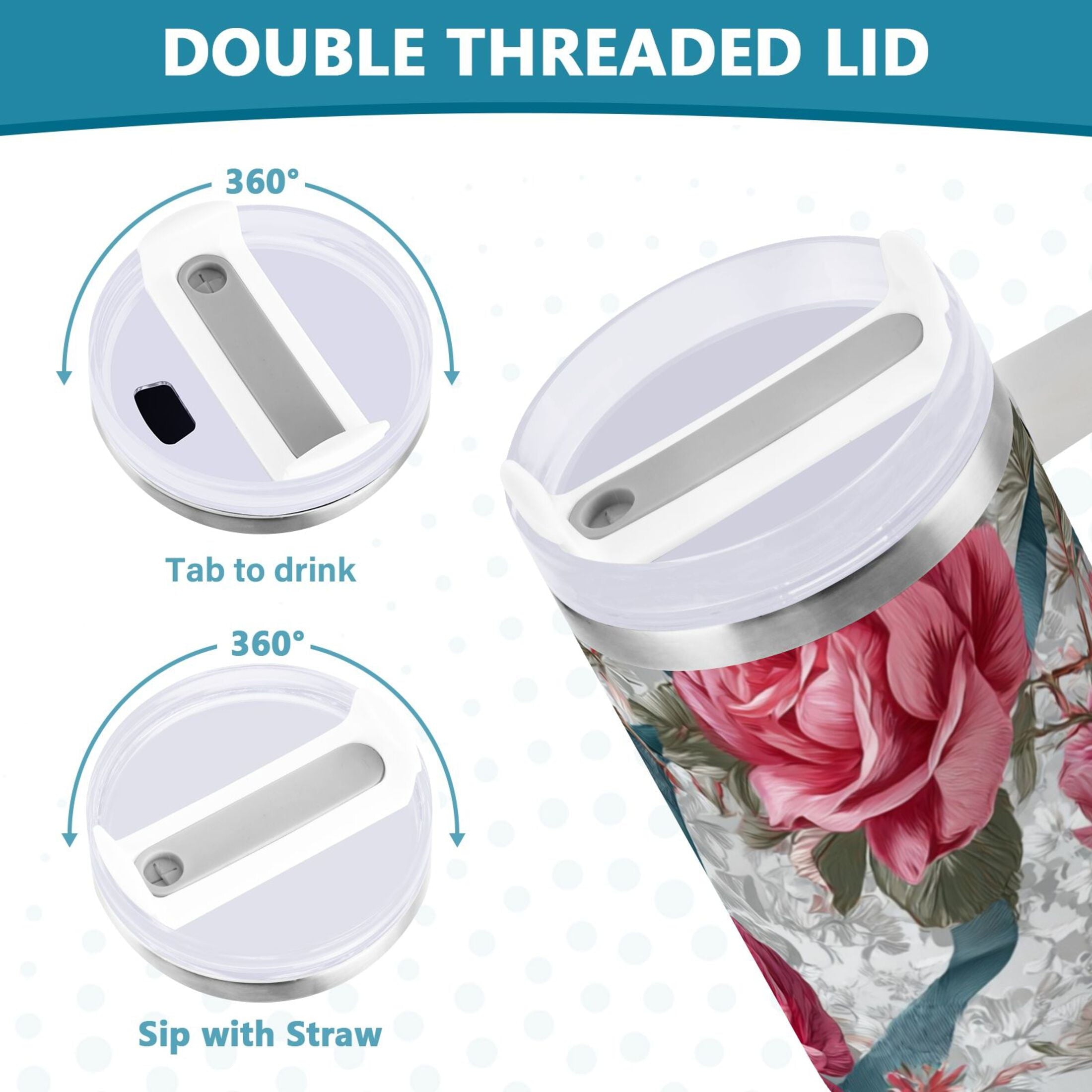 30 oz Insulated Stainless Steel Tumbler Double Wall Stainless Steel Tumbler with 2-Way Drinking Roses and Ribbons - Choice 776