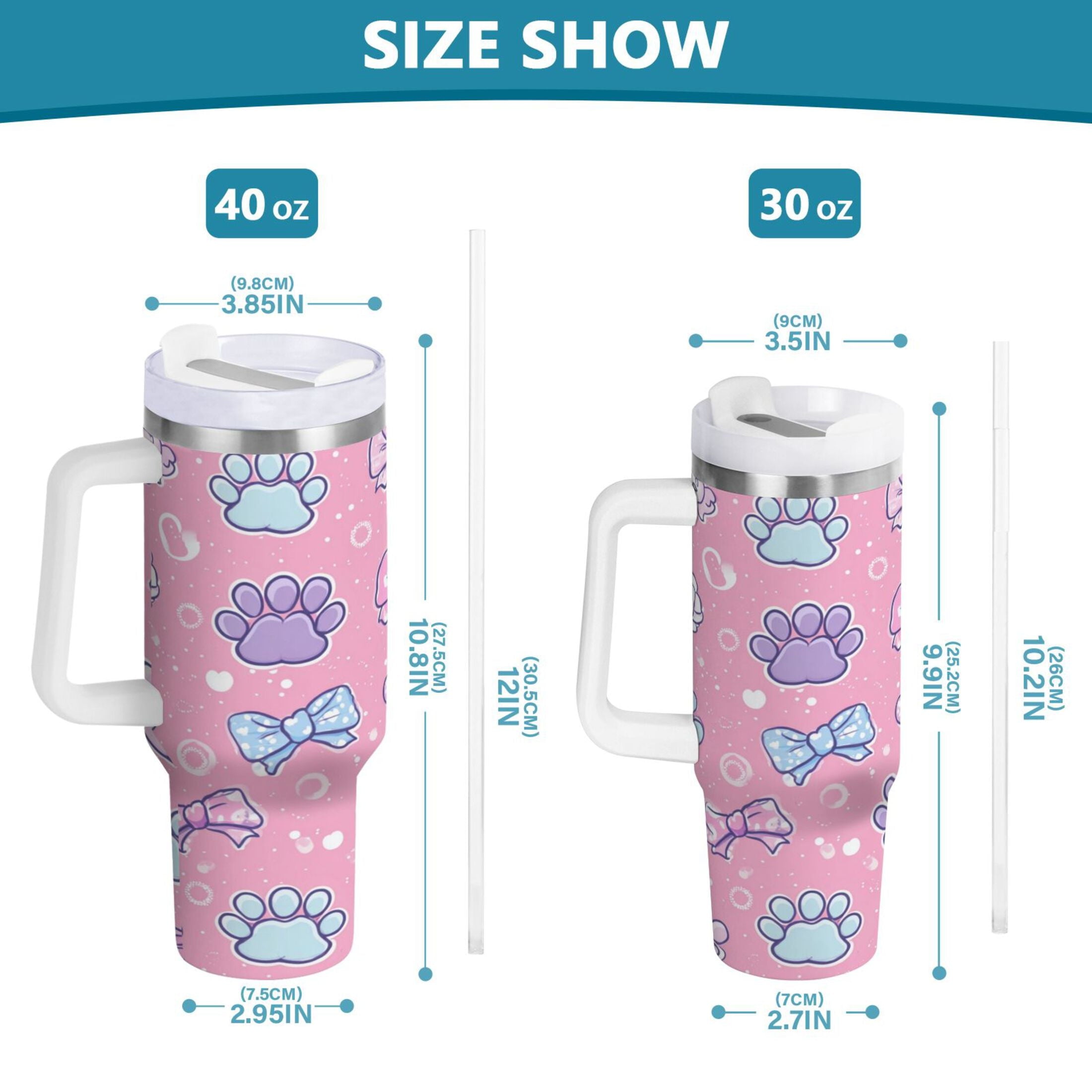 30 oz Insulated Stainless Steel Tumbler Double Wall Stainless Steel Tumbler with 2-Way Drinking Dog Paw Prints and Bows - Choice 116