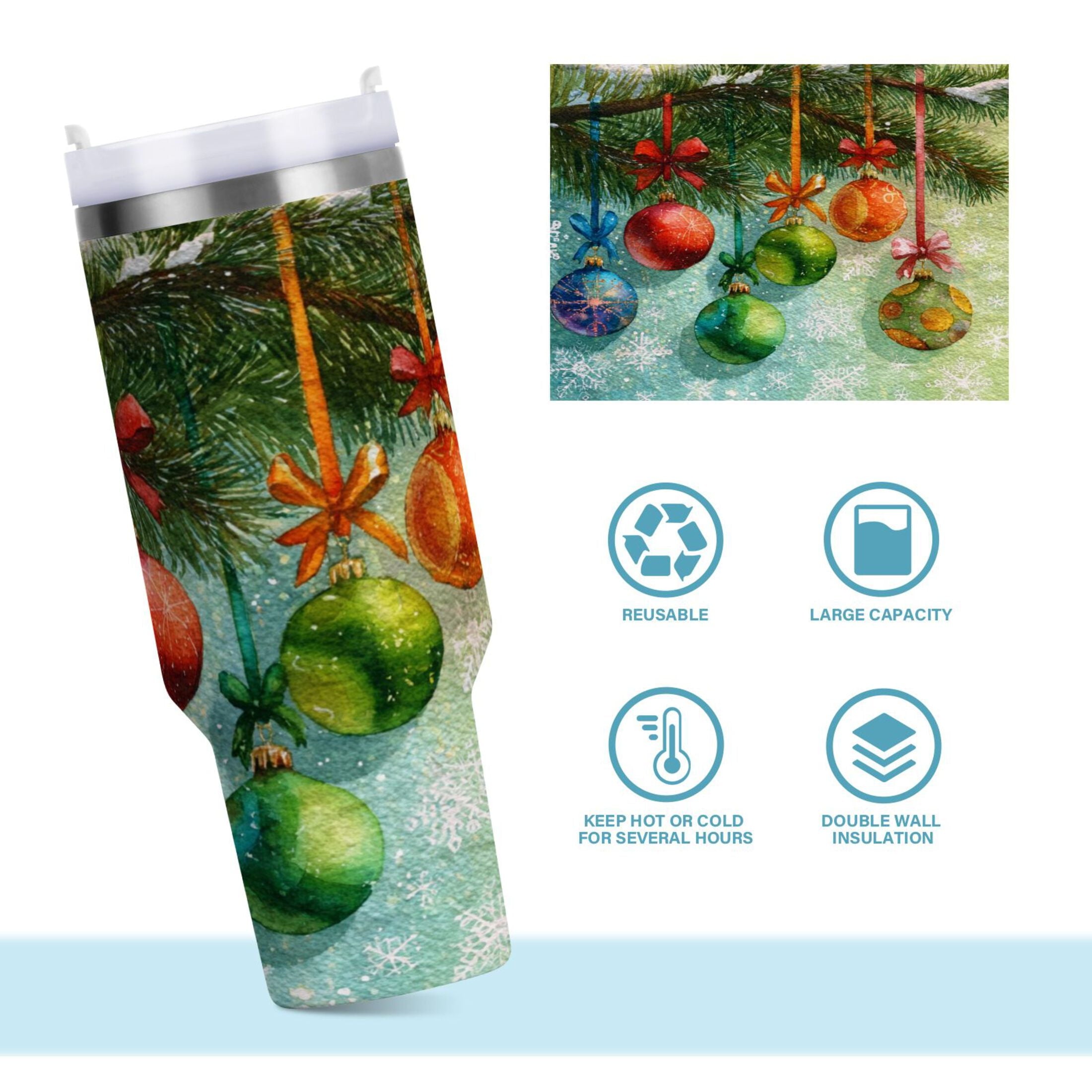 30 oz Insulated Stainless Steel Tumbler Double Wall Stainless Steel Tumbler with 2-Way Drinking Christmas Ornaments Watercolor Painting - Choice 529