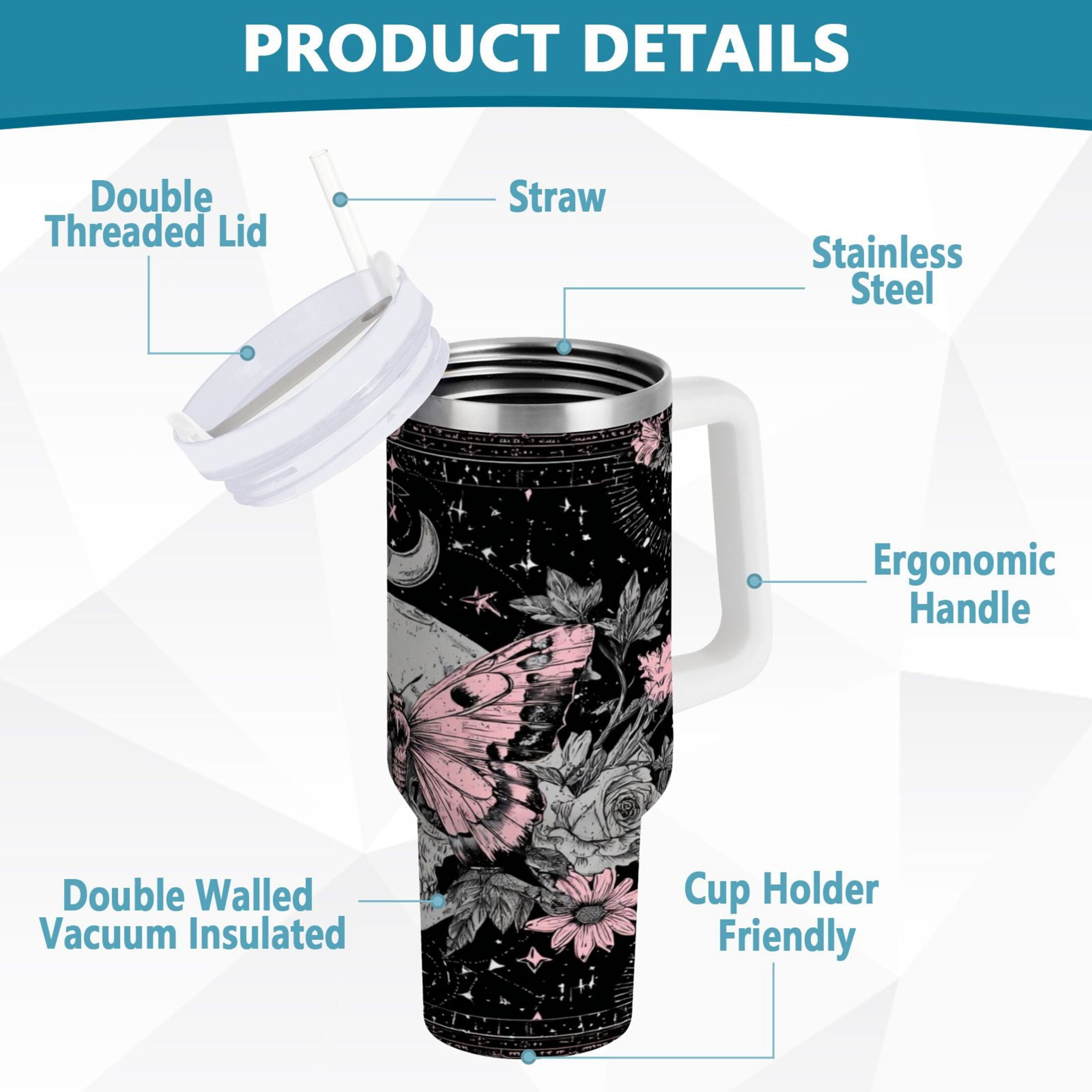 30 oz Insulated Stainless Steel Tumbler Double Wall Stainless Steel Tumbler with 2-Way Drinking Butterfly by Moon and Flowers - Choice 725