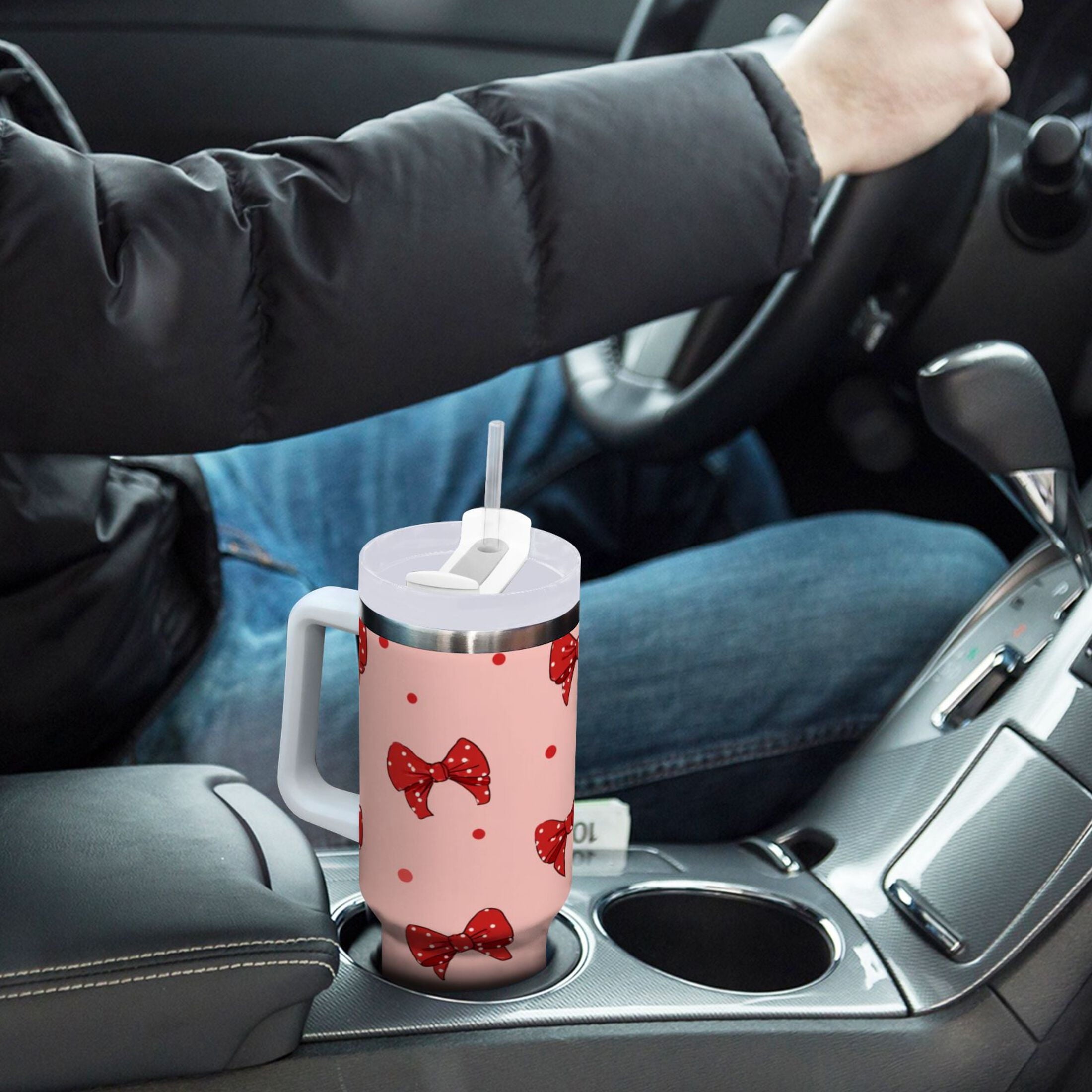 40 oz Insulated Stainless Steel Tumbler Double Wall Stainless Steel Tumbler with 2-Way Drinking Red Bows and Polka Dots - Choice 560