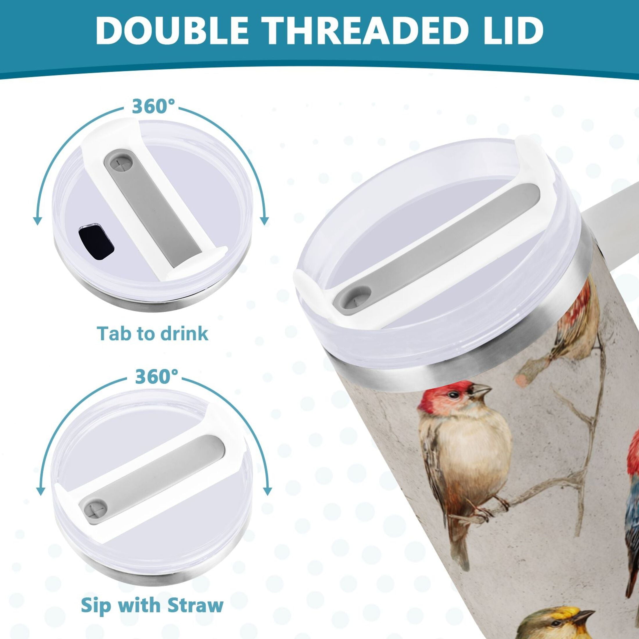 40 oz Insulated Stainless Steel Tumbler Double Wall Stainless Steel Tumbler with 2-Way Drinking Birds Pattern - Choice 741