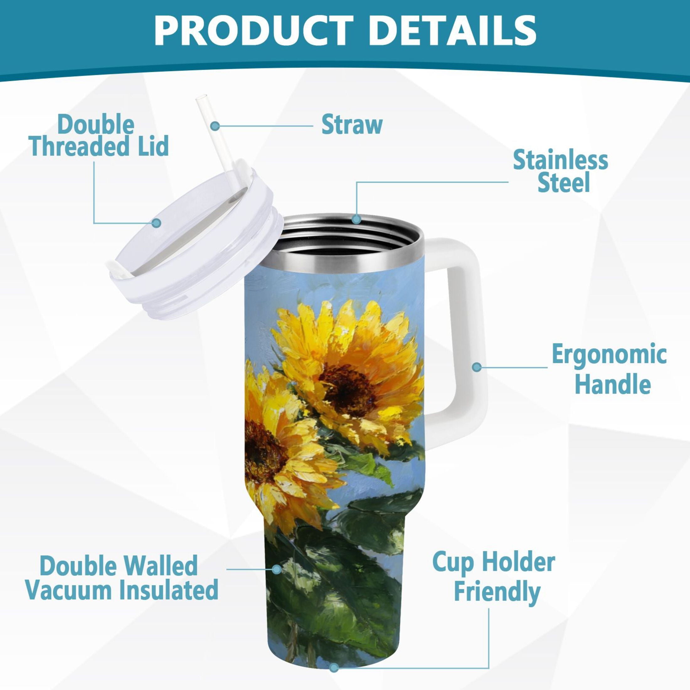 40 oz Insulated Stainless Steel Tumbler Double Wall Stainless Steel Tumbler with 2-Way Drinking Sunflowers Painting - Choice 390
