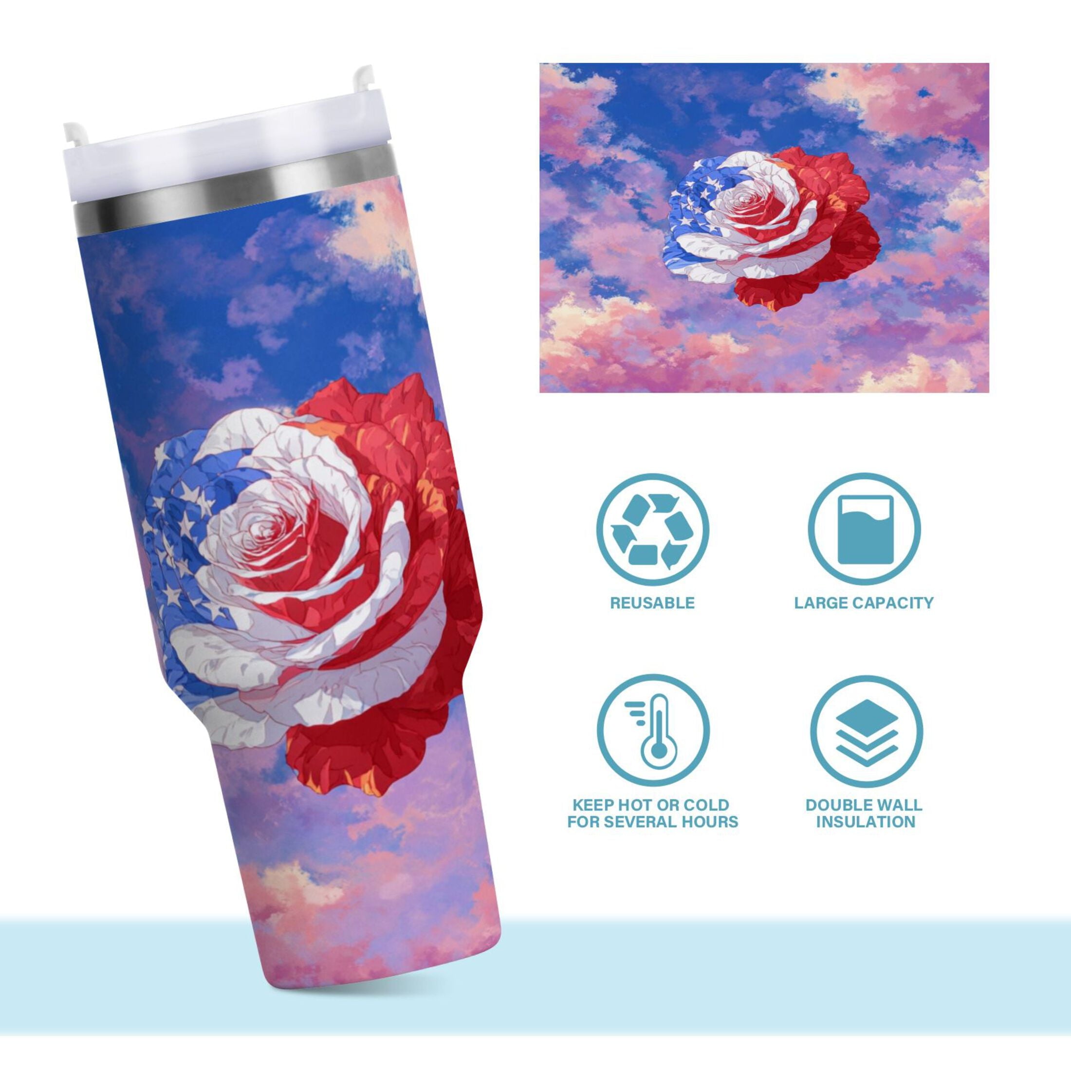 30 oz Insulated Stainless Steel Tumbler Double Wall Stainless Steel Tumbler with 2-Way Drinking Rose with Flag Pattern - Choice 860