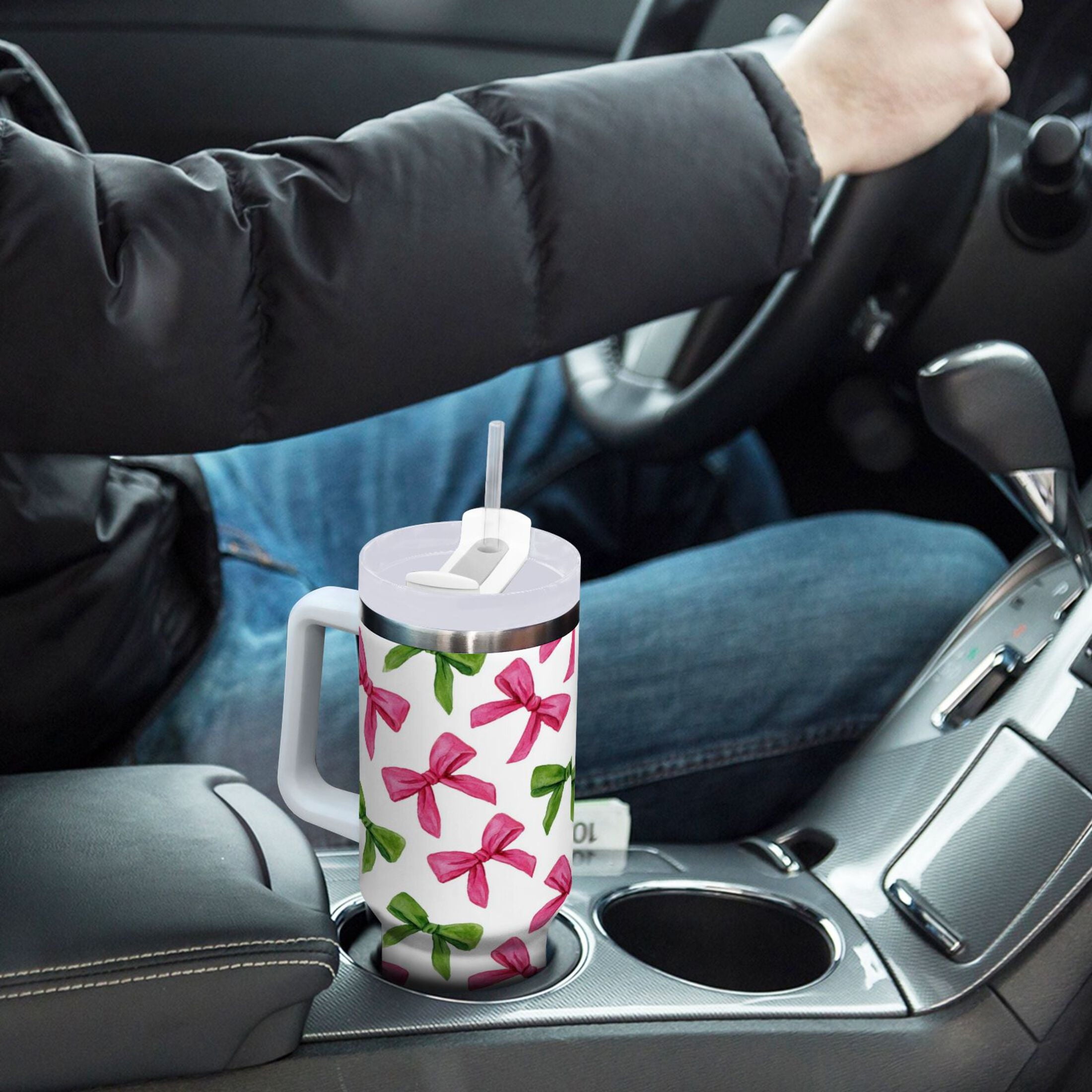 30 oz Insulated Stainless Steel Tumbler Double Wall Stainless Steel Tumbler with 2-Way Drinking Pink Bows and Green Ribbons - Choice 896