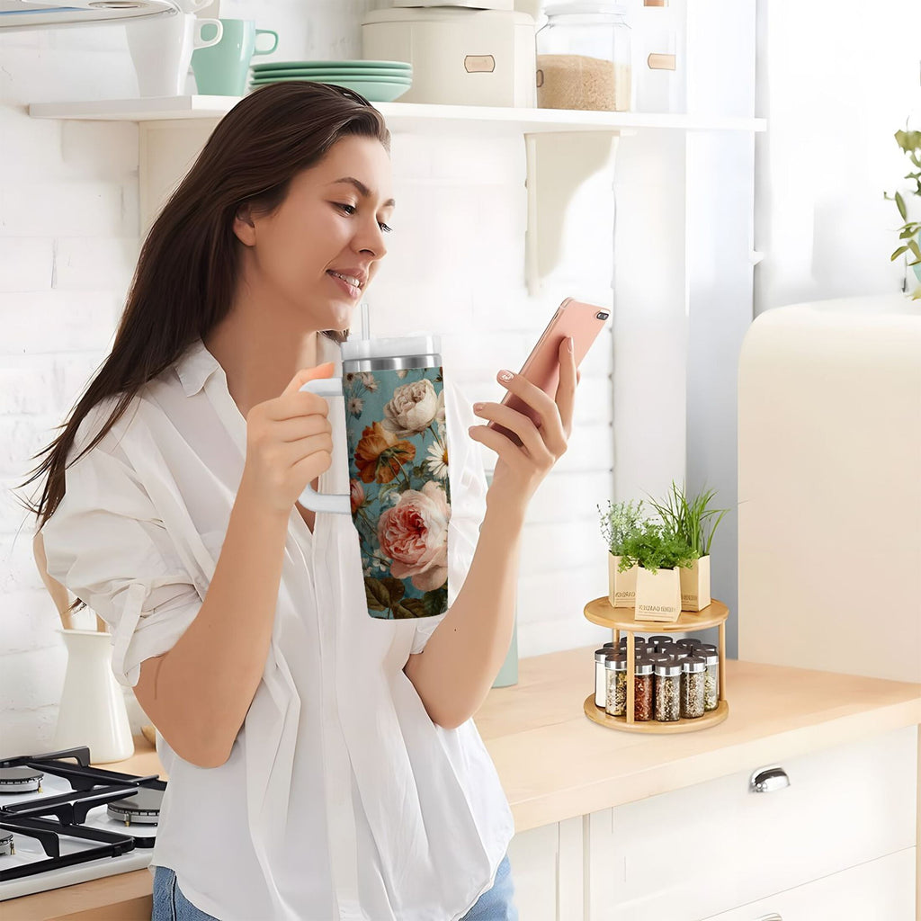 30 oz Insulated Stainless Steel Tumbler Double Wall Stainless Steel Tumbler with 2-Way Drinking Vintage Roses and Peonies - Choice 710