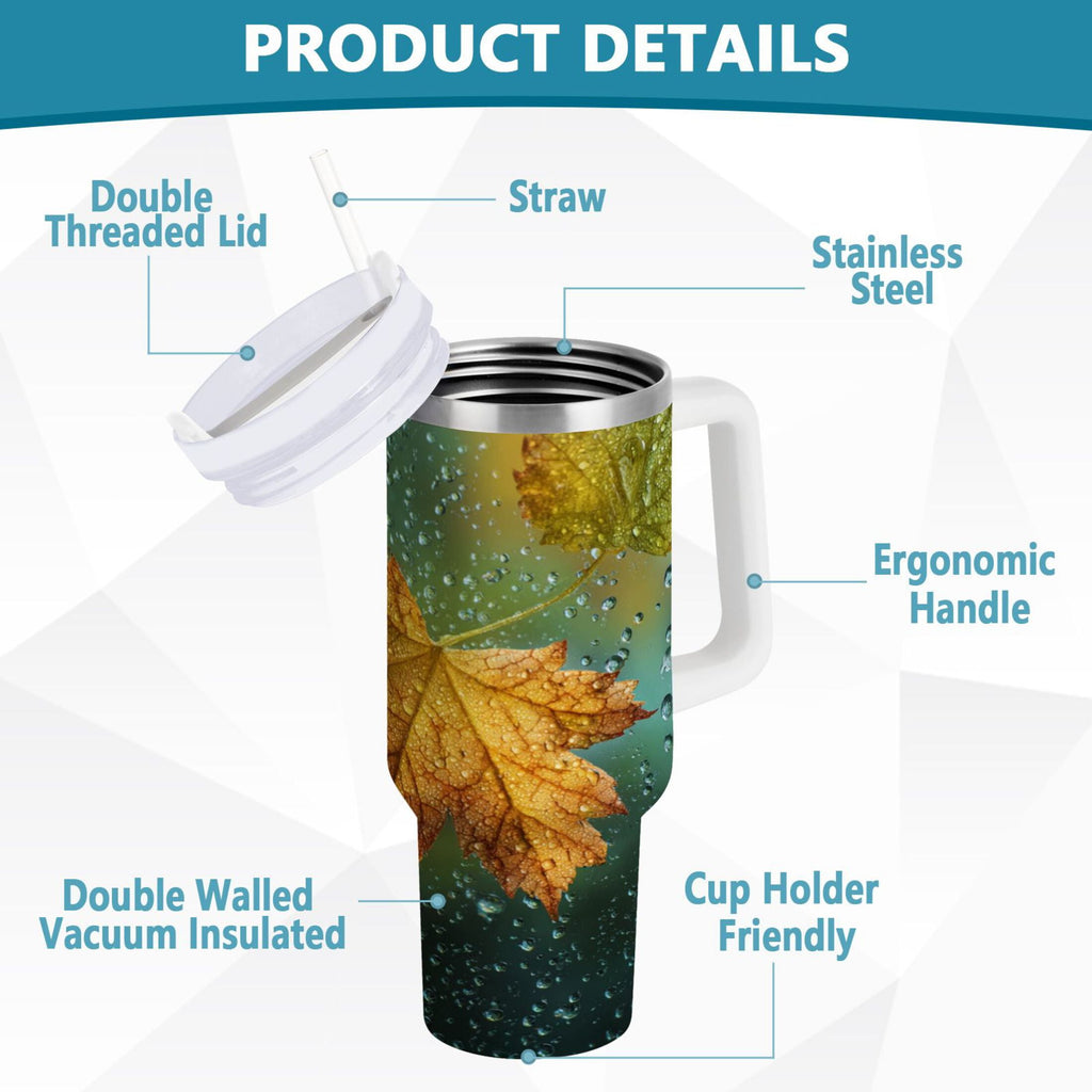 30 oz Insulated Stainless Steel Tumbler Double Wall Stainless Steel Tumbler with 2-Way Drinking Leaves with Water Droplets - Choice 218