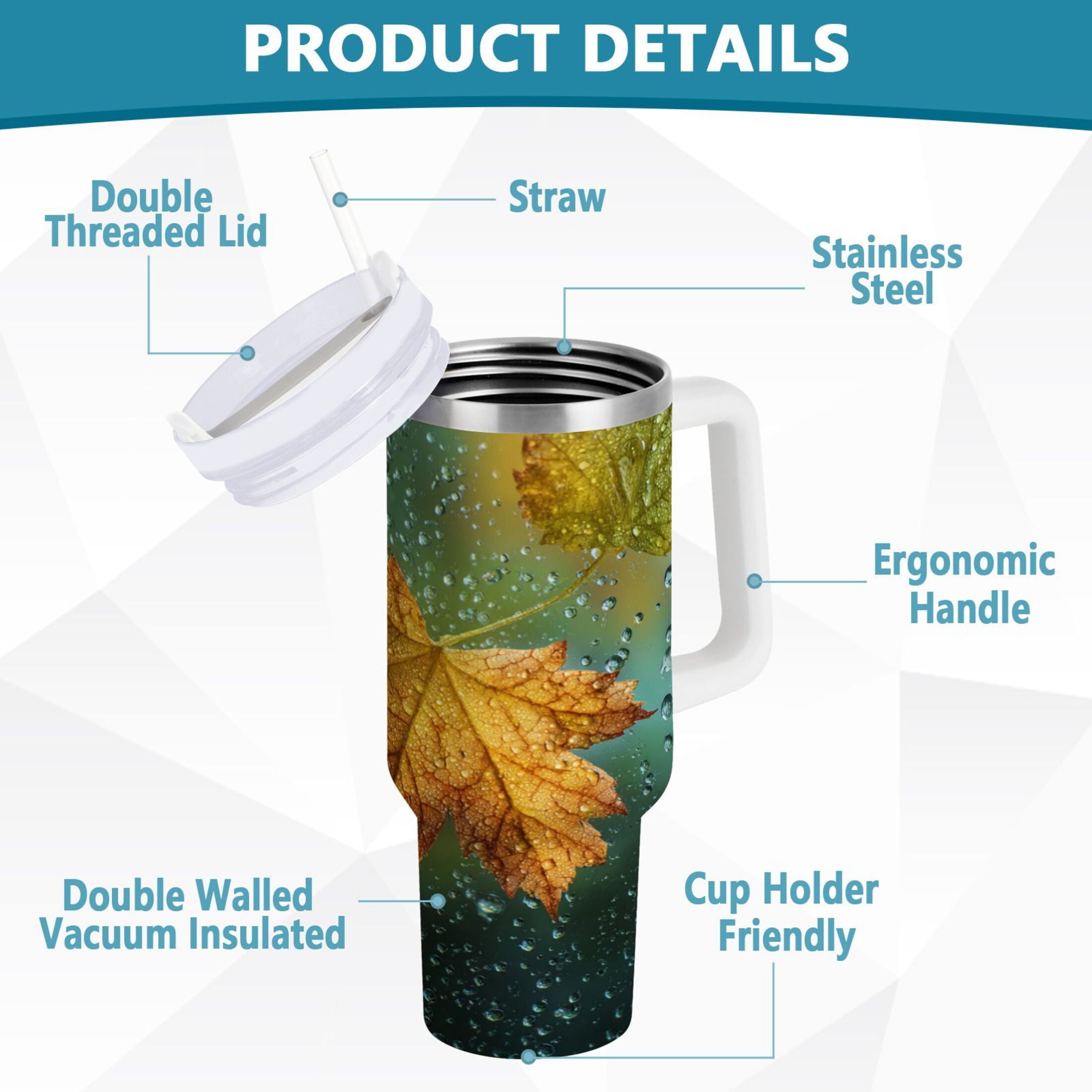 30 oz Insulated Stainless Steel Tumbler Double Wall Stainless Steel Tumbler with 2-Way Drinking Leaves with Water Droplets - Choice 218