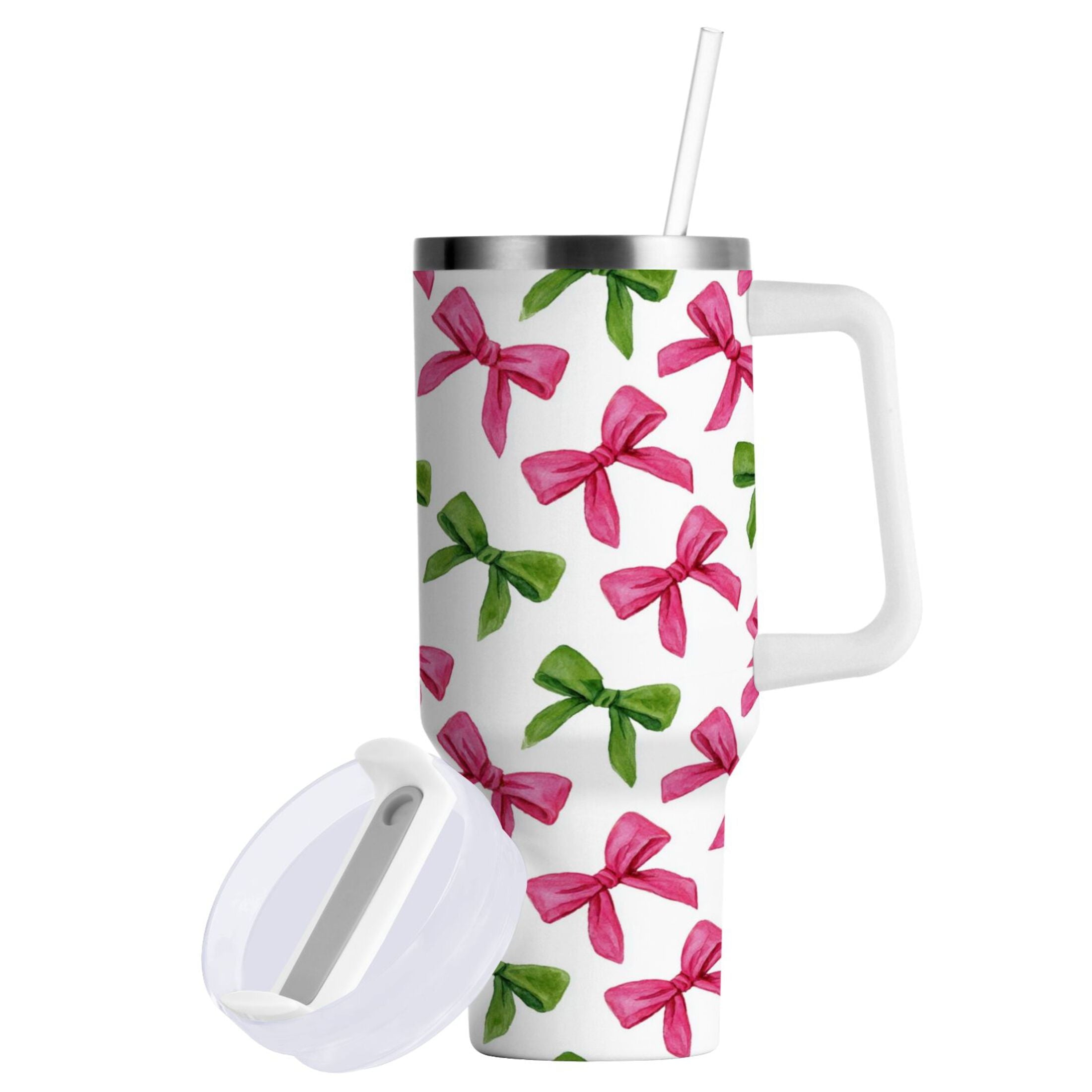 30 oz Insulated Stainless Steel Tumbler Double Wall Stainless Steel Tumbler with 2-Way Drinking Pink Bows and Green Ribbons - Choice 896