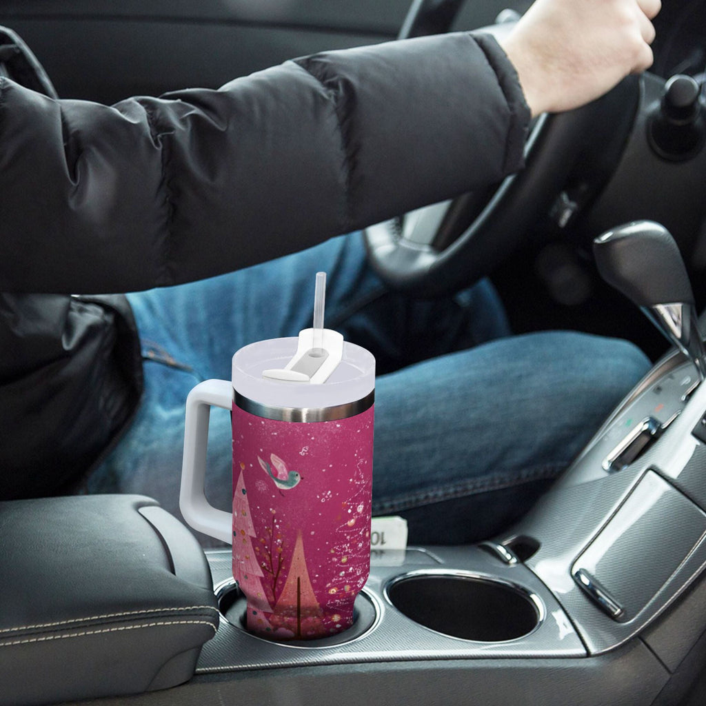 40 oz Insulated Stainless Steel Tumbler Double Wall Stainless Steel Tumbler with 2-Way Drinking Pink Christmas Forest - Choice 570