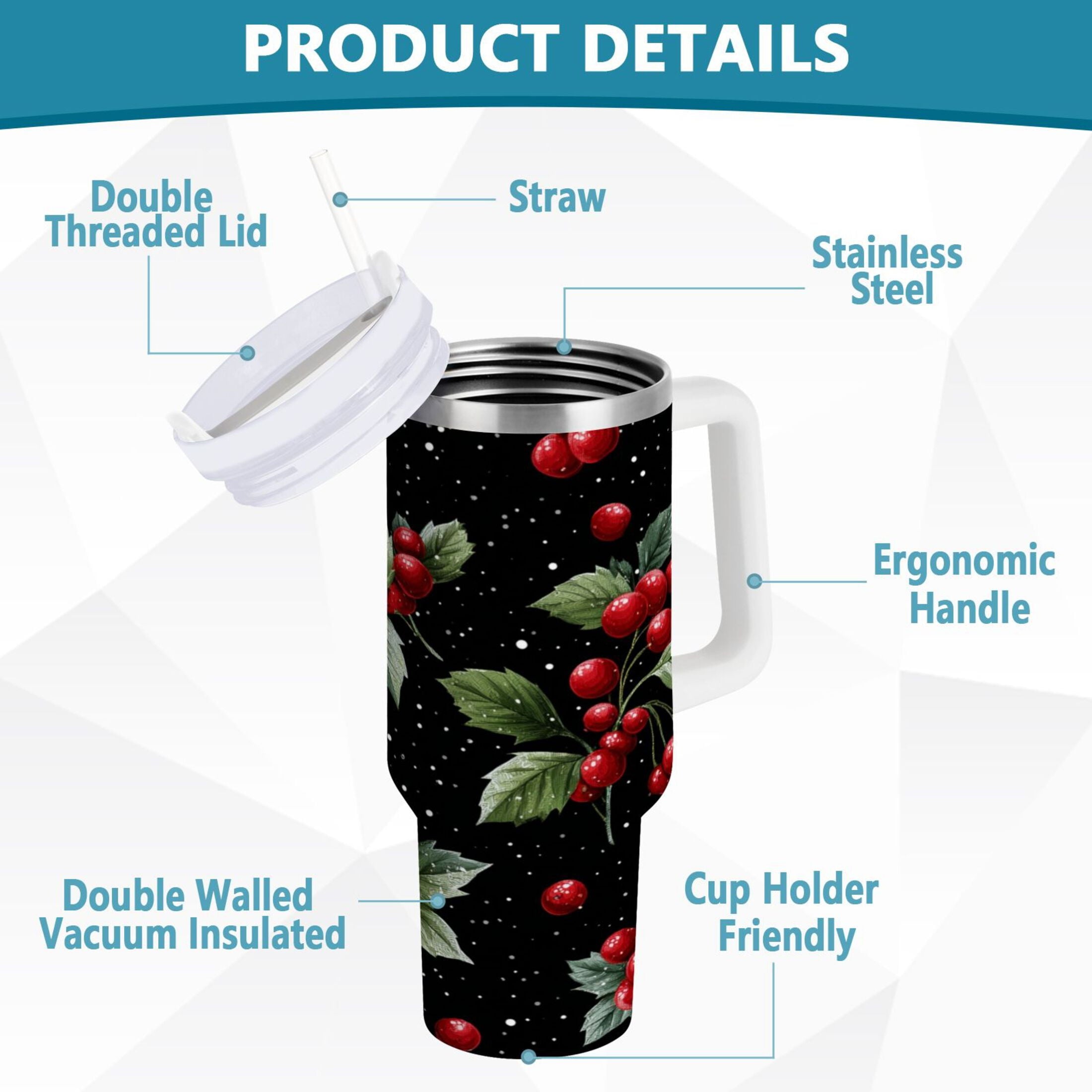 40 oz Insulated Stainless Steel Tumbler Double Wall Stainless Steel Tumbler with 2-Way Drinking Red Holly Berries Pattern - Choice 512