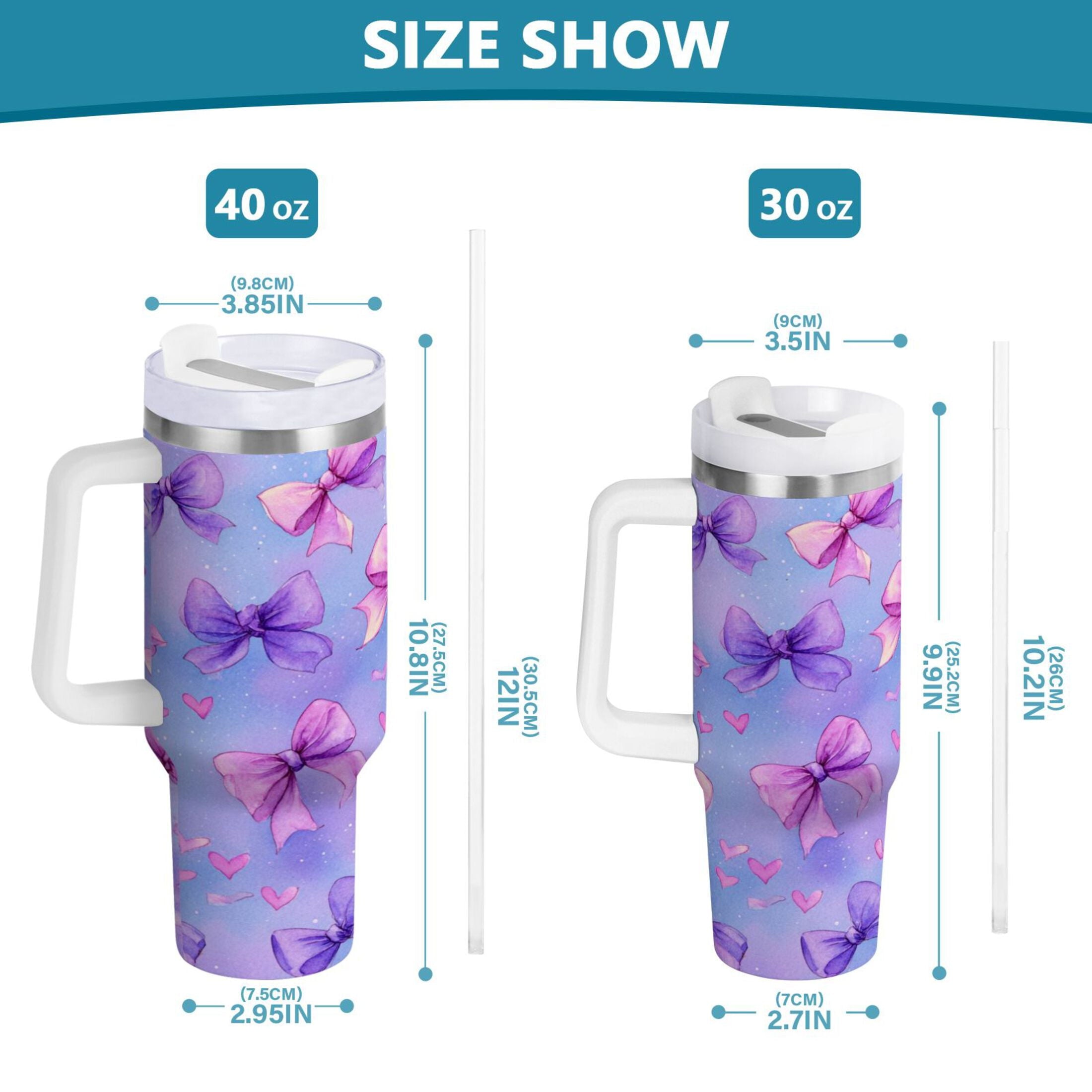 30 oz Insulated Stainless Steel Tumbler Double Wall Stainless Steel Tumbler with 2-Way Drinking Watercolor Bows Pattern - Choice 756