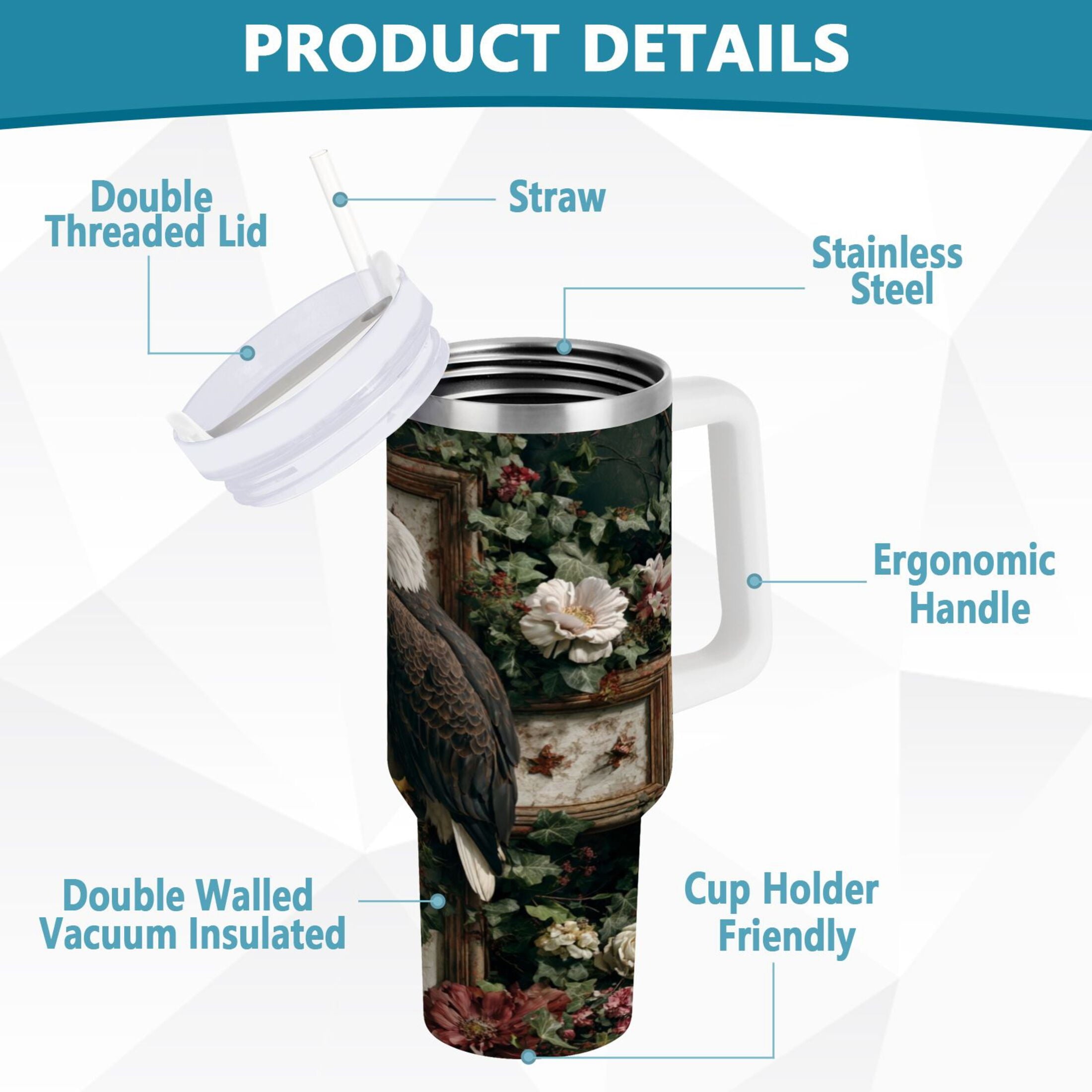 30 oz Insulated Stainless Steel Tumbler Double Wall Stainless Steel Tumbler with 2-Way Drinking Wreath and Bald Eagle - Choice 231