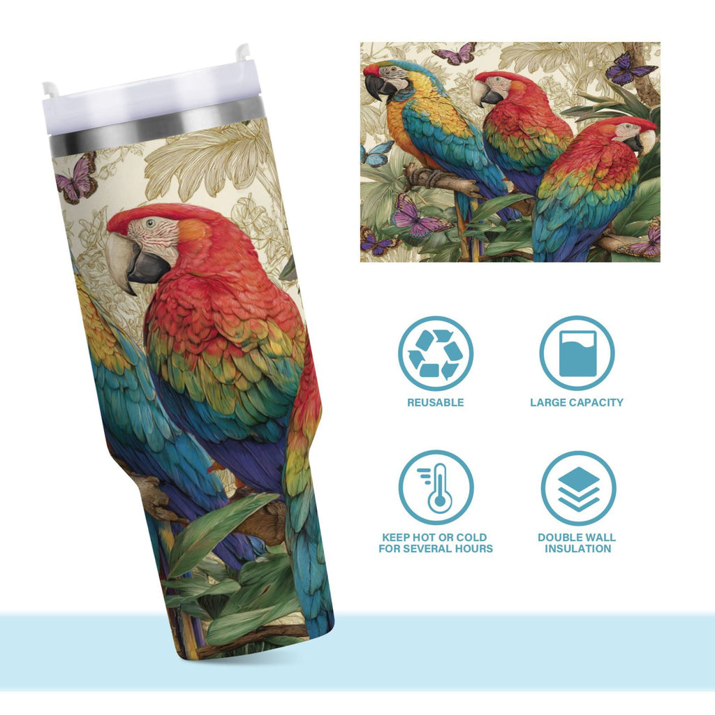 30 oz Insulated Stainless Steel Tumbler Double Wall Stainless Steel Tumbler with 2-Way Drinking Colorful Beautiful Parrots - Choice 284