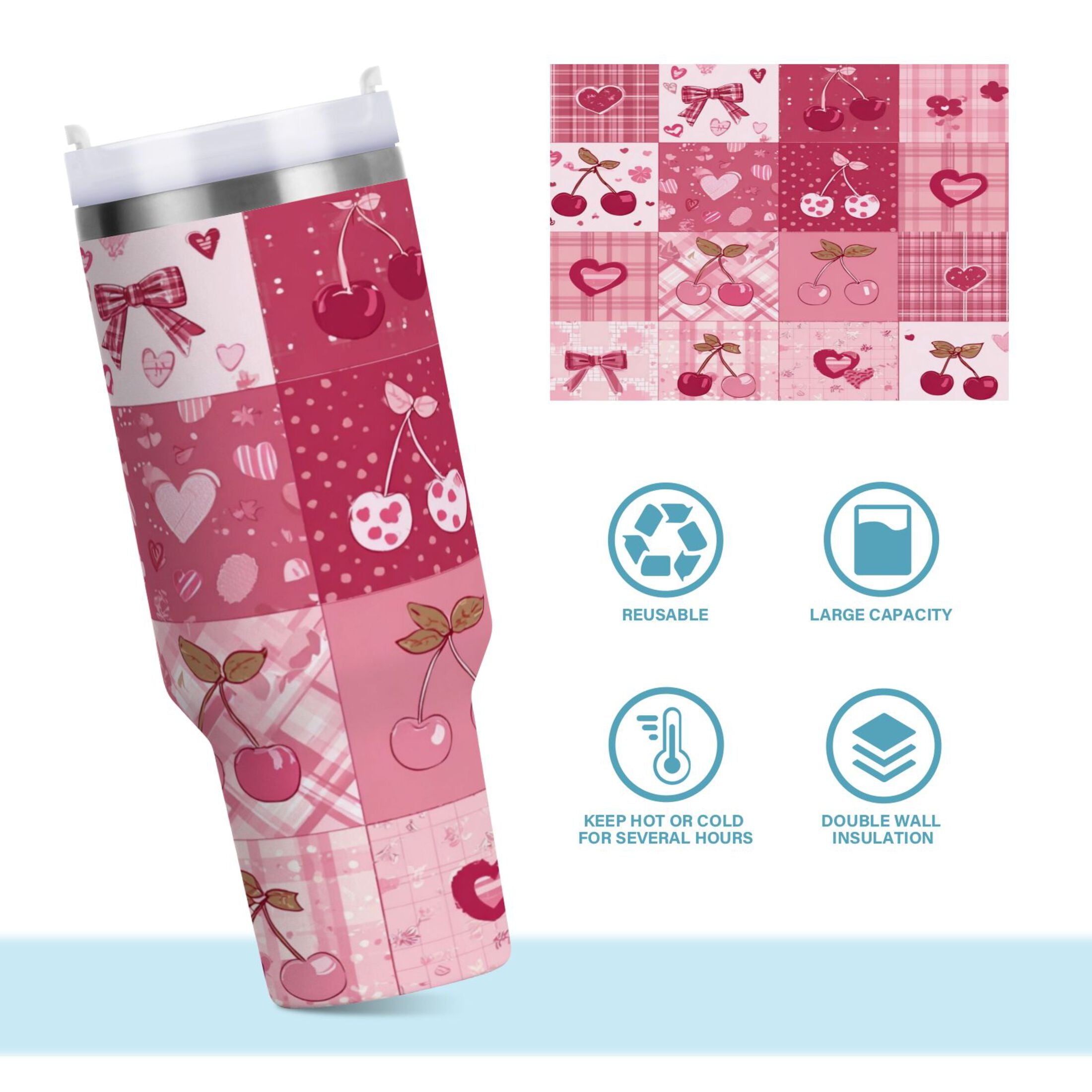30 oz Insulated Stainless Steel Tumbler Double Wall Stainless Steel Tumbler with 2-Way Drinking Cherry Pattern with Bows - Choice 897
