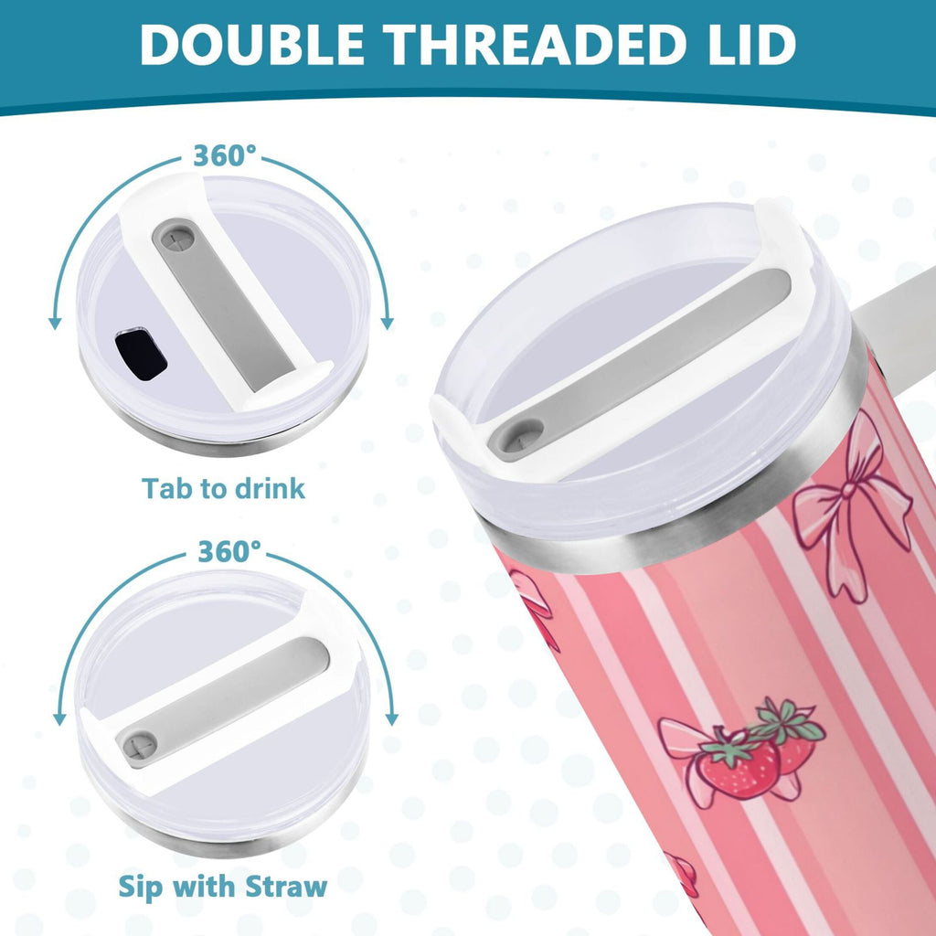 30 oz Insulated Stainless Steel Tumbler Double Wall Stainless Steel Tumbler with 2-Way Drinking Pink Bows and Strawberries - Choice 441