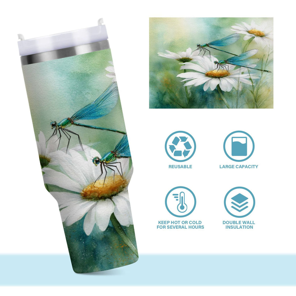30 oz Insulated Stainless Steel Tumbler Double Wall Stainless Steel Tumbler with 2-Way Drinking Beautiful Dragonflies and Daisies - Choice 224